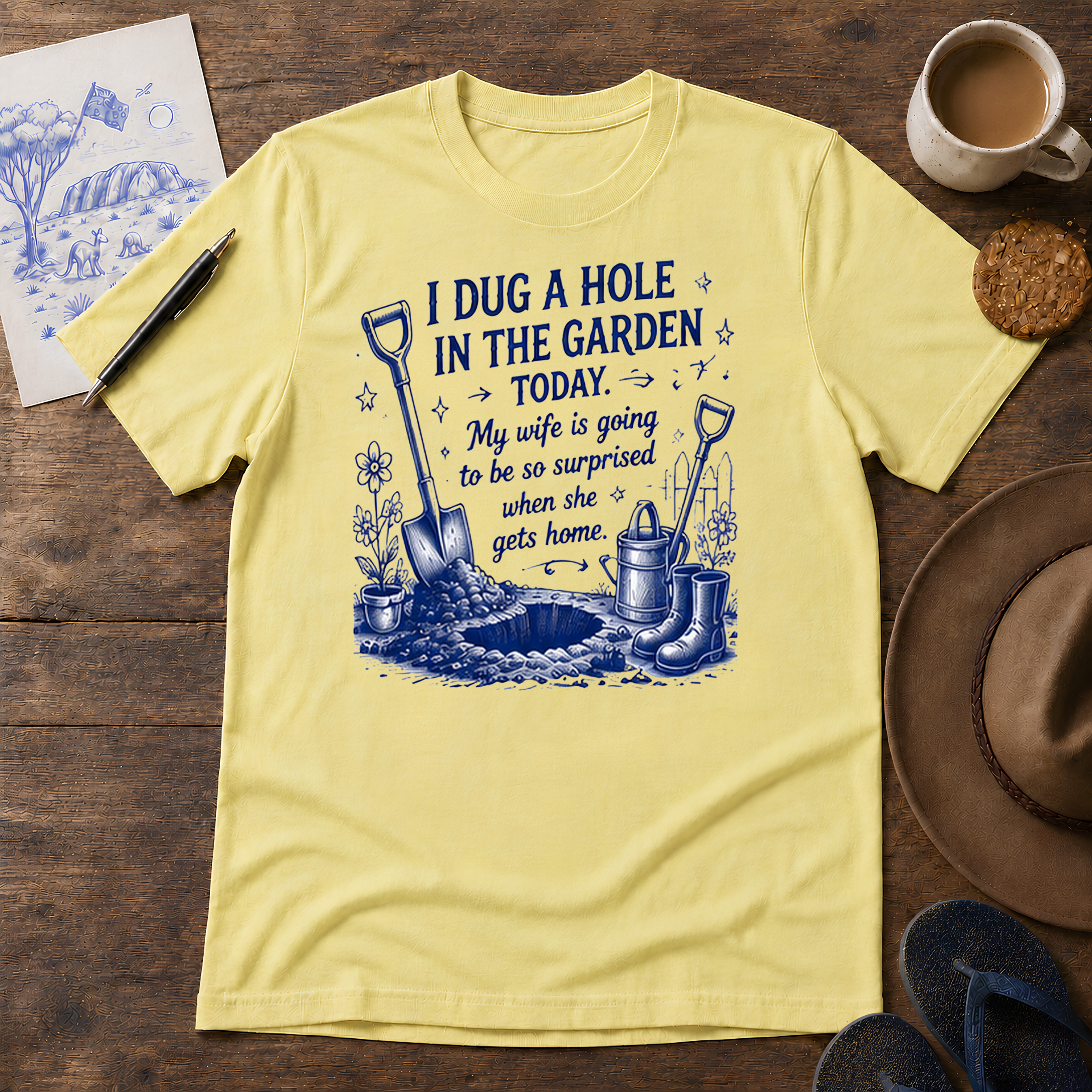 I Dug a Hole Tee ink-sketch T-shirt, in Cornsilk