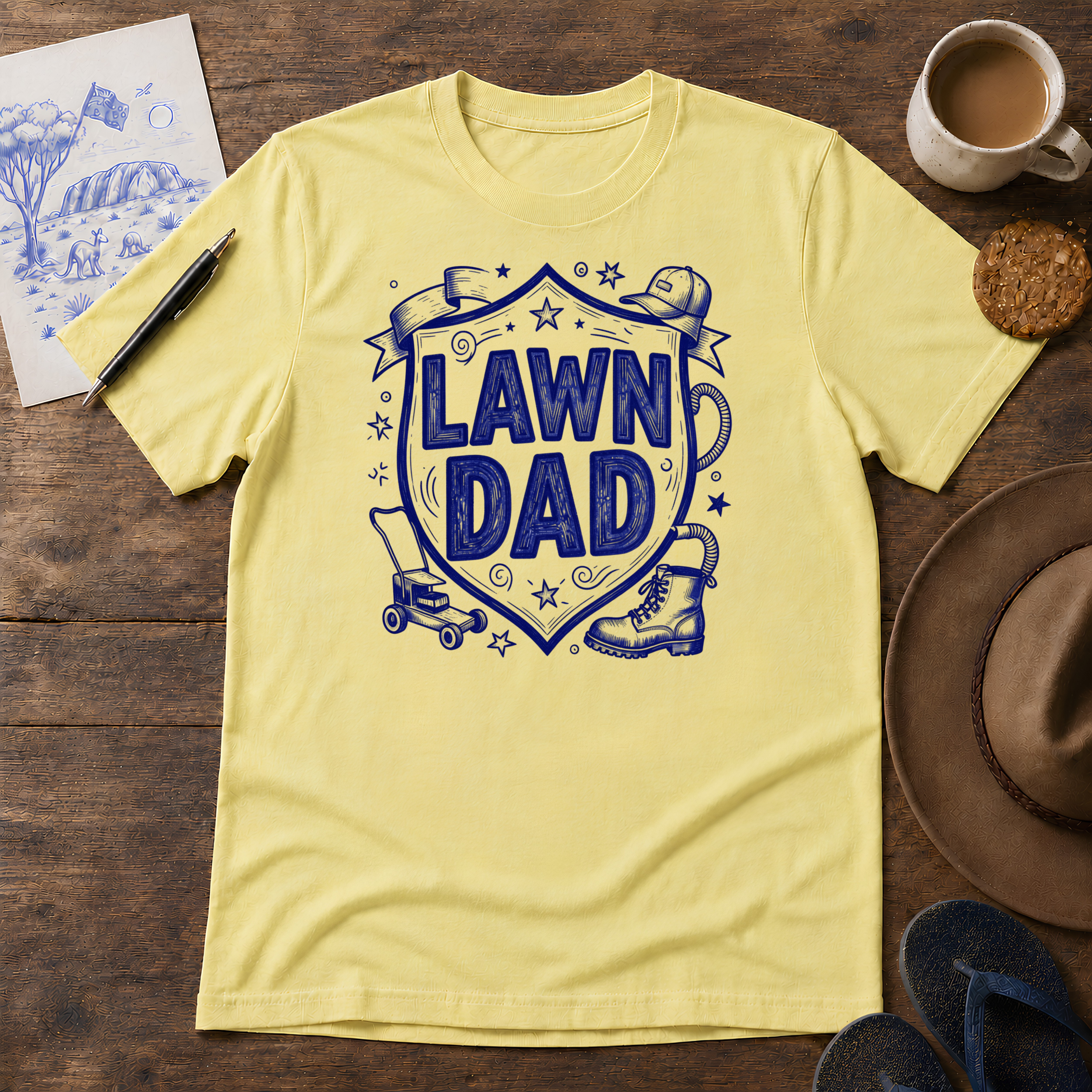 Lawn Dad Tee ink-sketch T-shirt, in Cornsilk