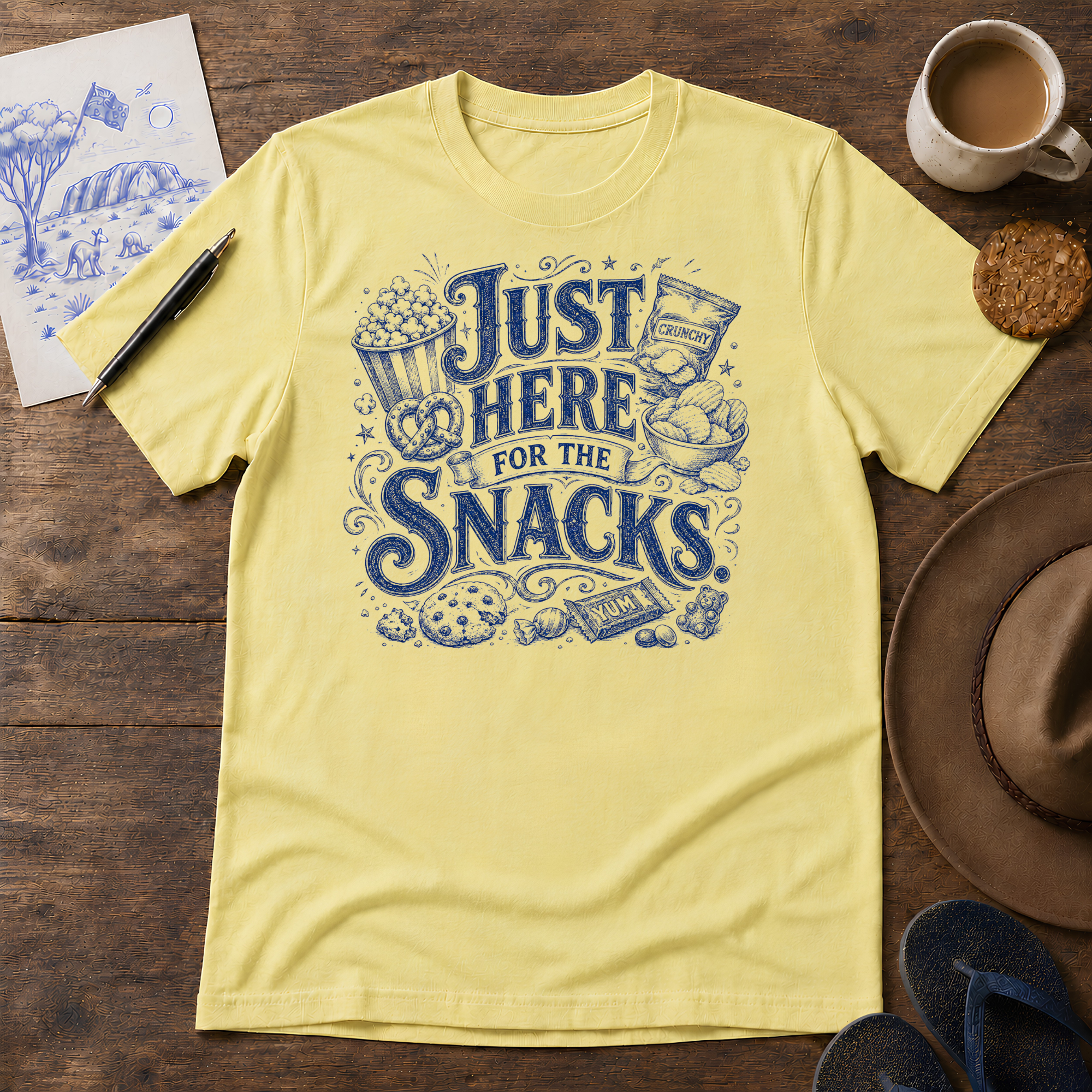 Just Here for the Snacks Tee ink-sketch T-shirt, in Cornsilk