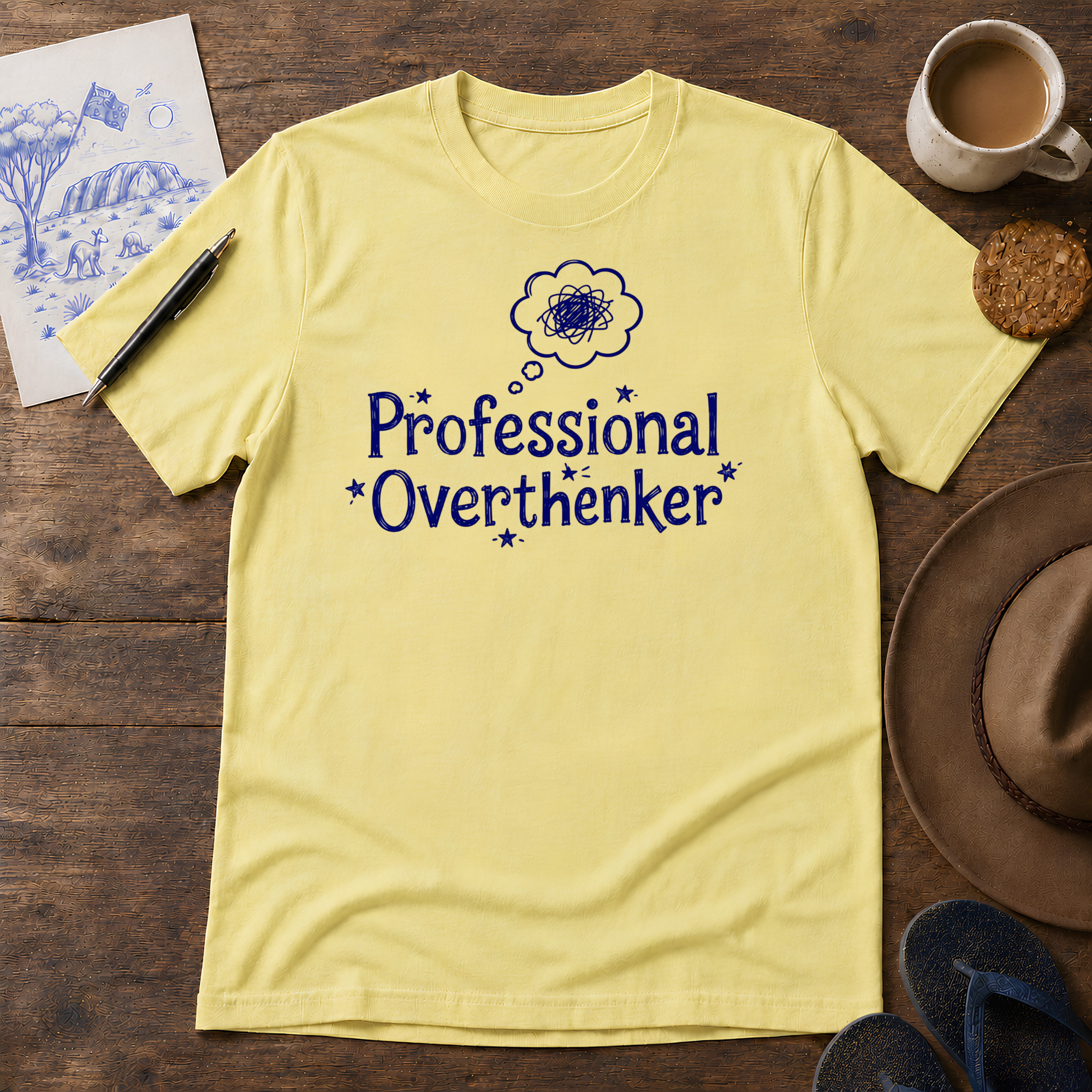 Professional Overthinker Tee ink-sketch T-shirt, in Cornsilk