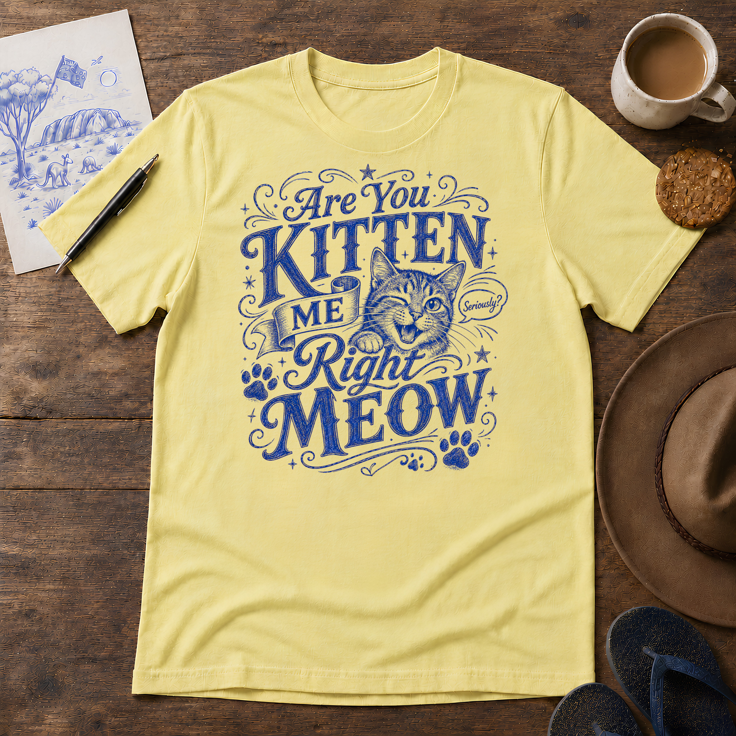Are You Kitten Me Right Meow Tee ink-sketch T-shirt, in Cornsilk