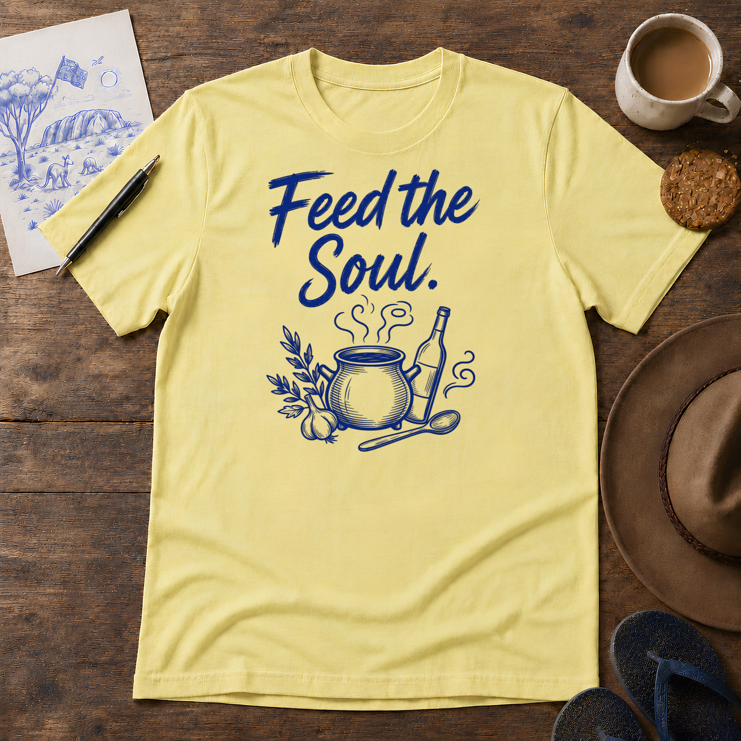 Feed the Soul Tee ink-sketch T-shirt, in Cornsilk