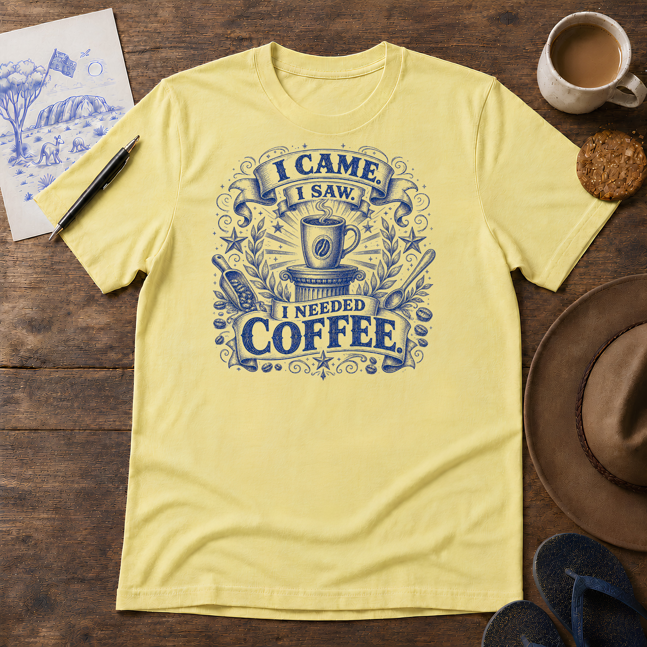 I Came, I Saw, I Needed Coffee Tee ink-sketch T-shirt, in Cornsilk