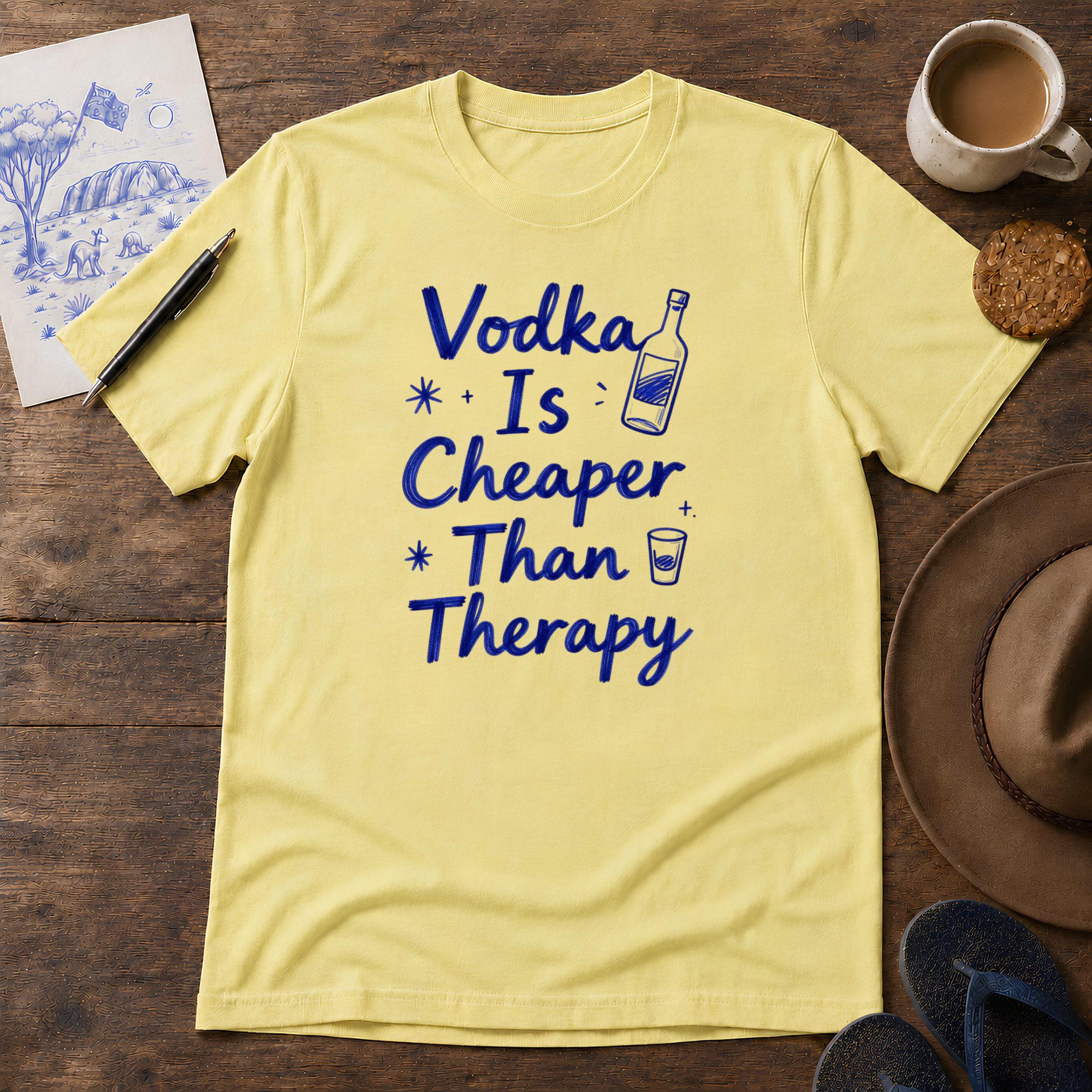 Vodka Is Cheaper Than Therapy Tee ink-sketch T-shirt, in Cornsilk