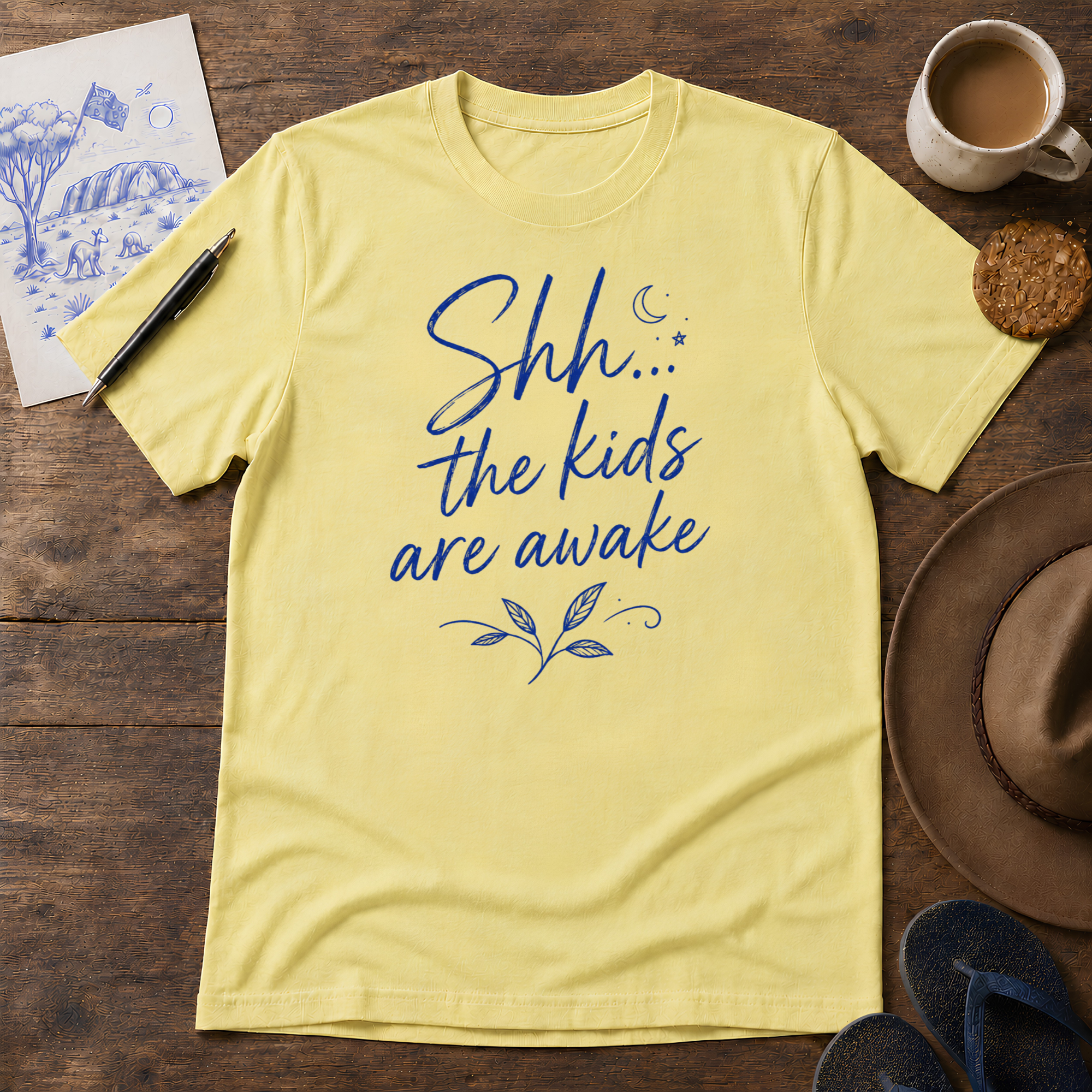 Shh, the Kids Are Awake Tee ink-sketch kids T-shirt, in Cornsilk
