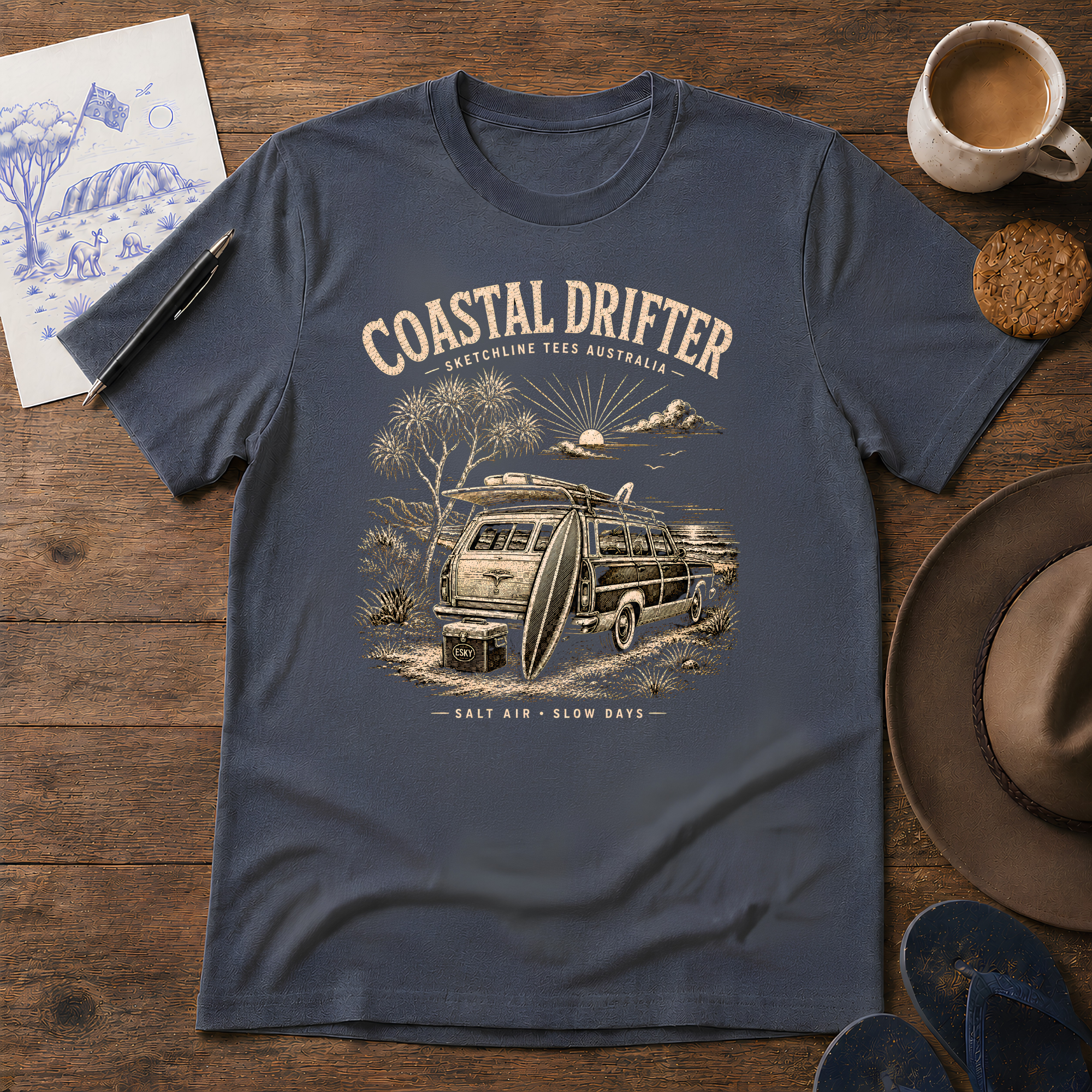 Coastal Drifter – Dark Edition ink-sketch T-shirt, in Dark Heather Grey