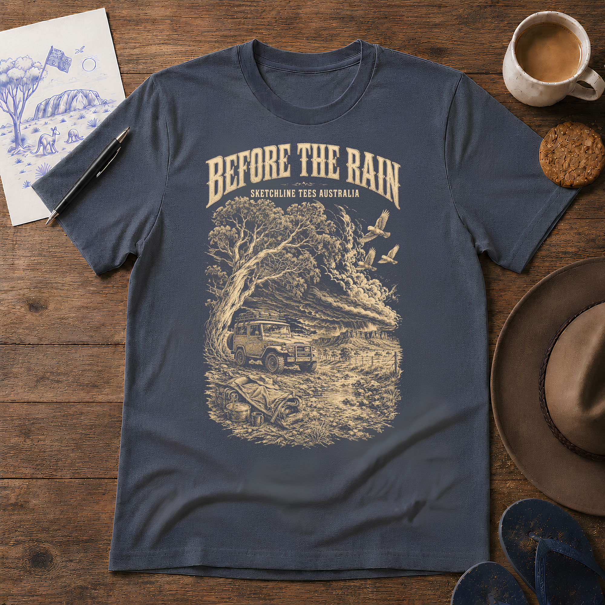 Before the Rain Australian ink-sketch T-shirt in Dark Heather Grey