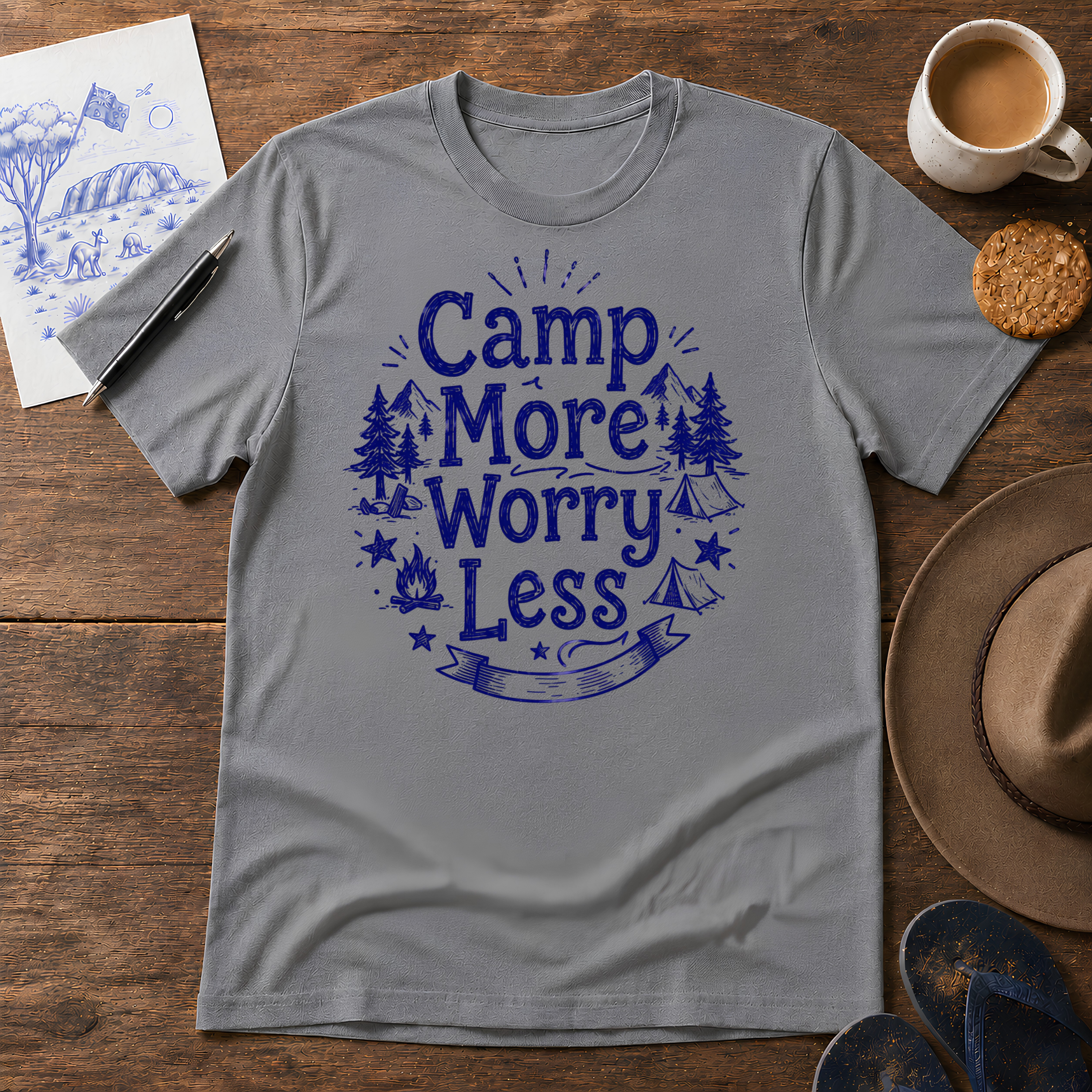 Camp More, Worry Less Tee ink-sketch T-shirt, in Graphite Heather