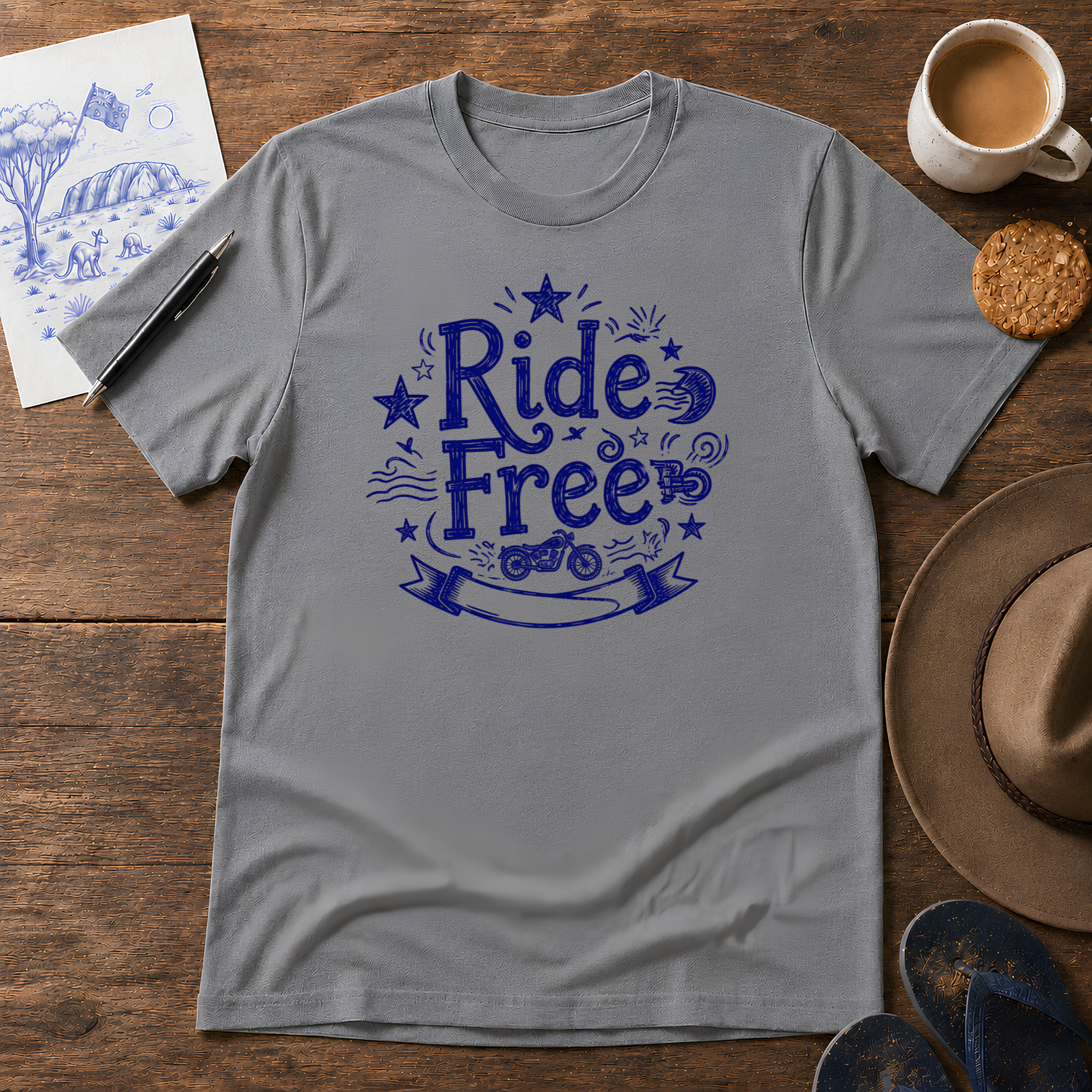 Ride Free Tee ink-sketch T-shirt, in Graphite Heather