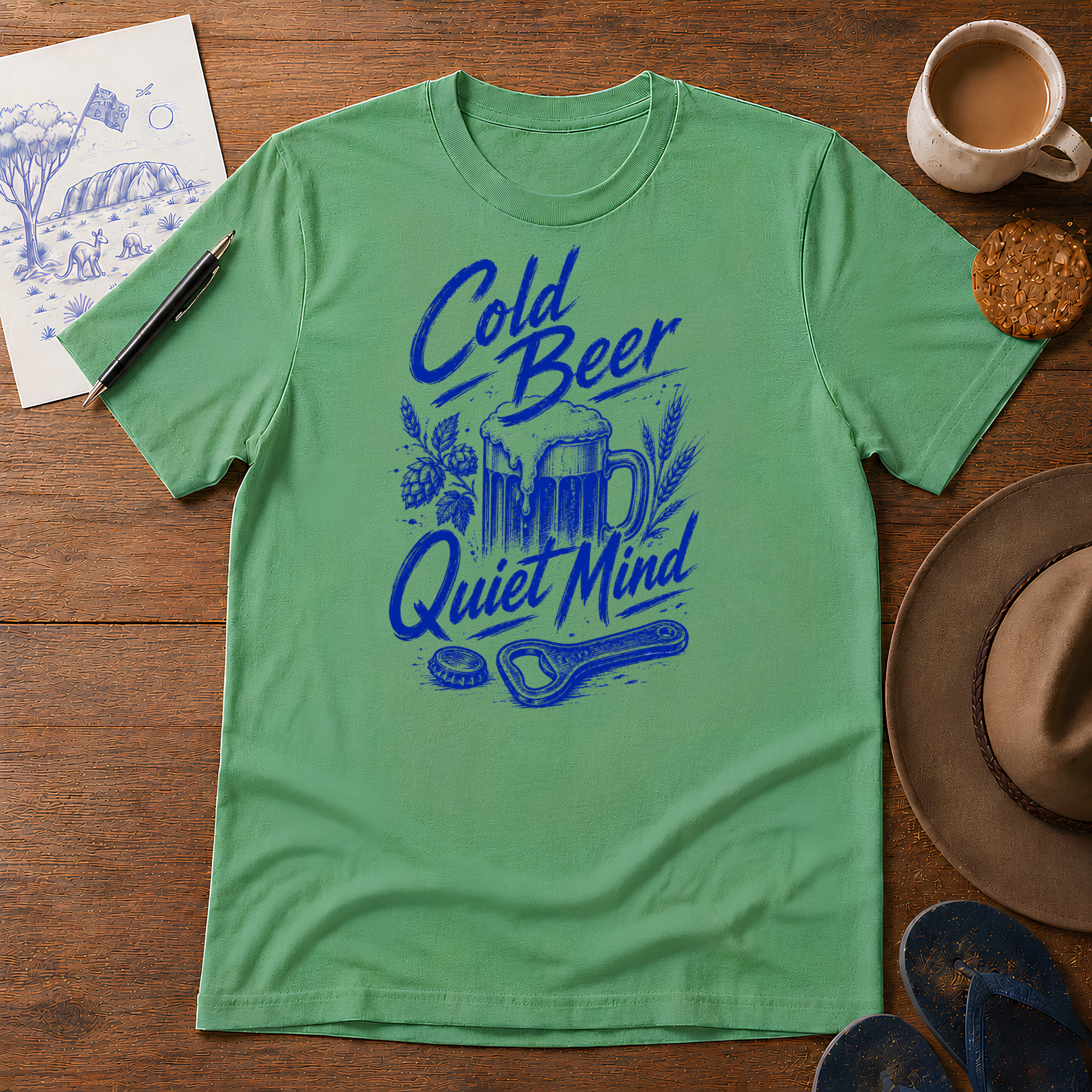 Cold Beer, Quiet Mind Tee ink-sketch T-shirt, in Heather Irish Green