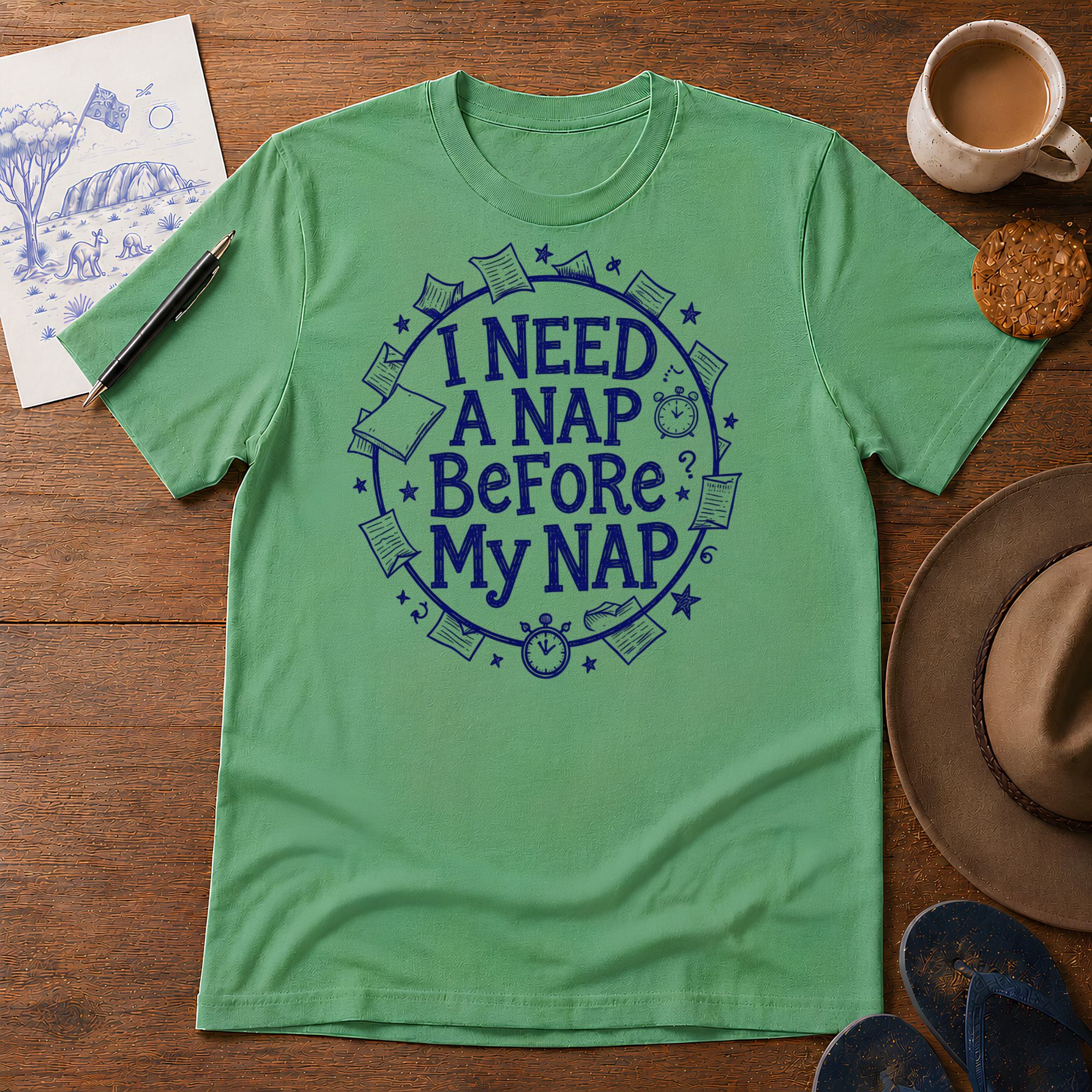 I Need a Nap Before My Nap Tee ink-sketch T-shirt, in Heather Irish Green