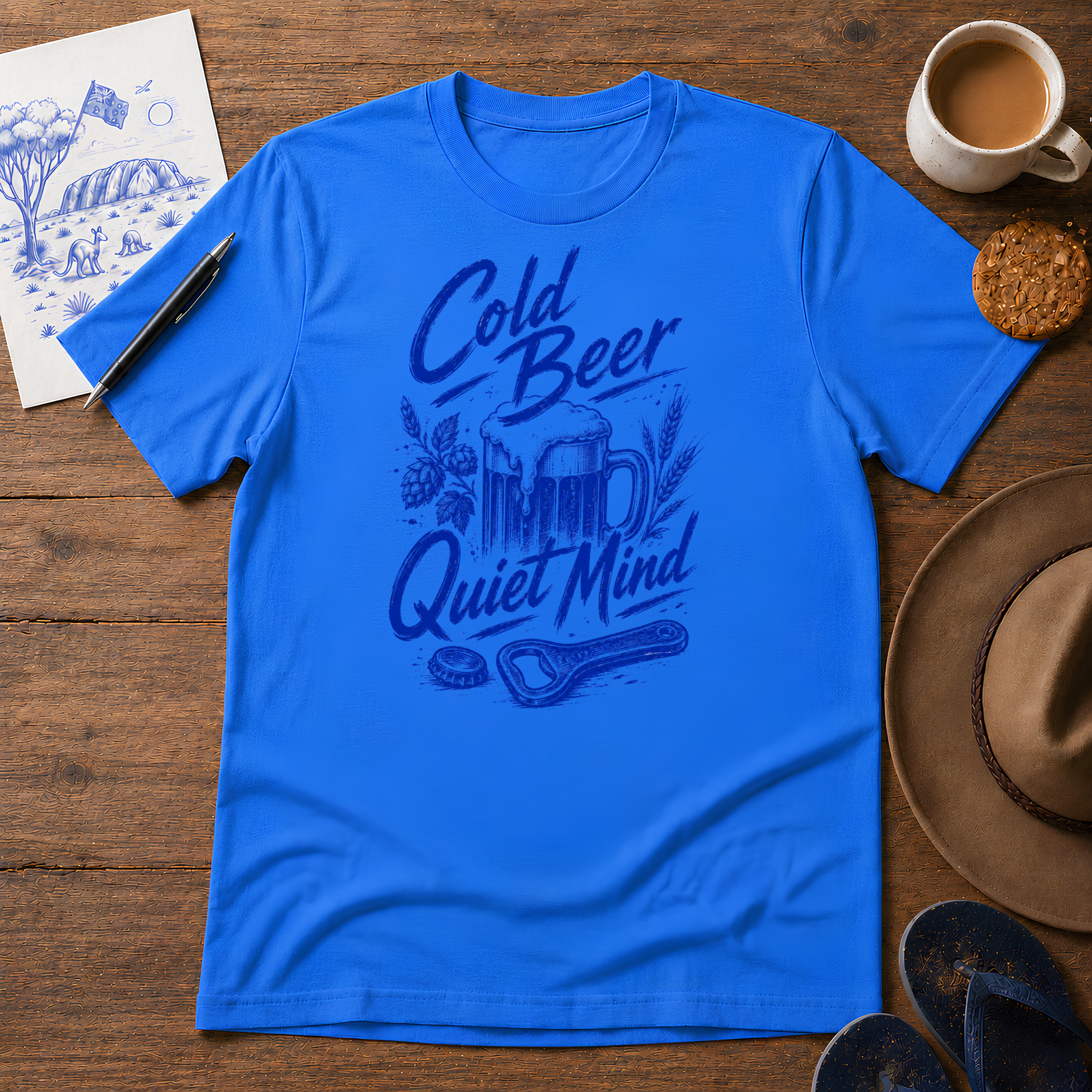 Cold Beer, Quiet Mind Tee ink-sketch T-shirt, in Heather Royal