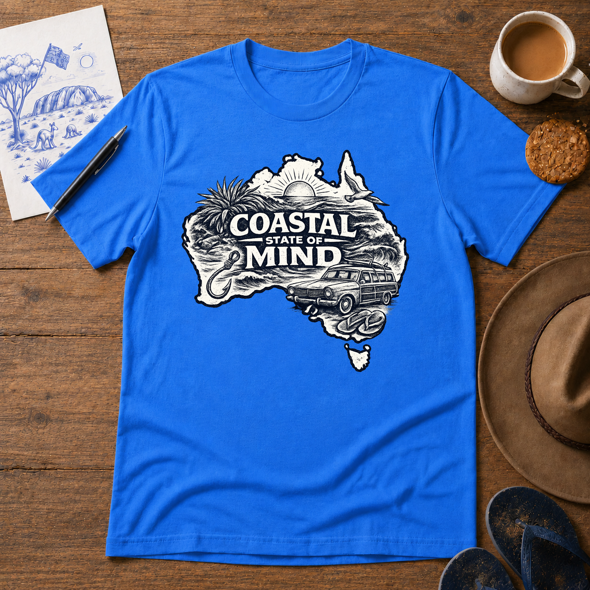 Coastal State of Mind Tee in royal blue – Australian coastal graphic T-shirt