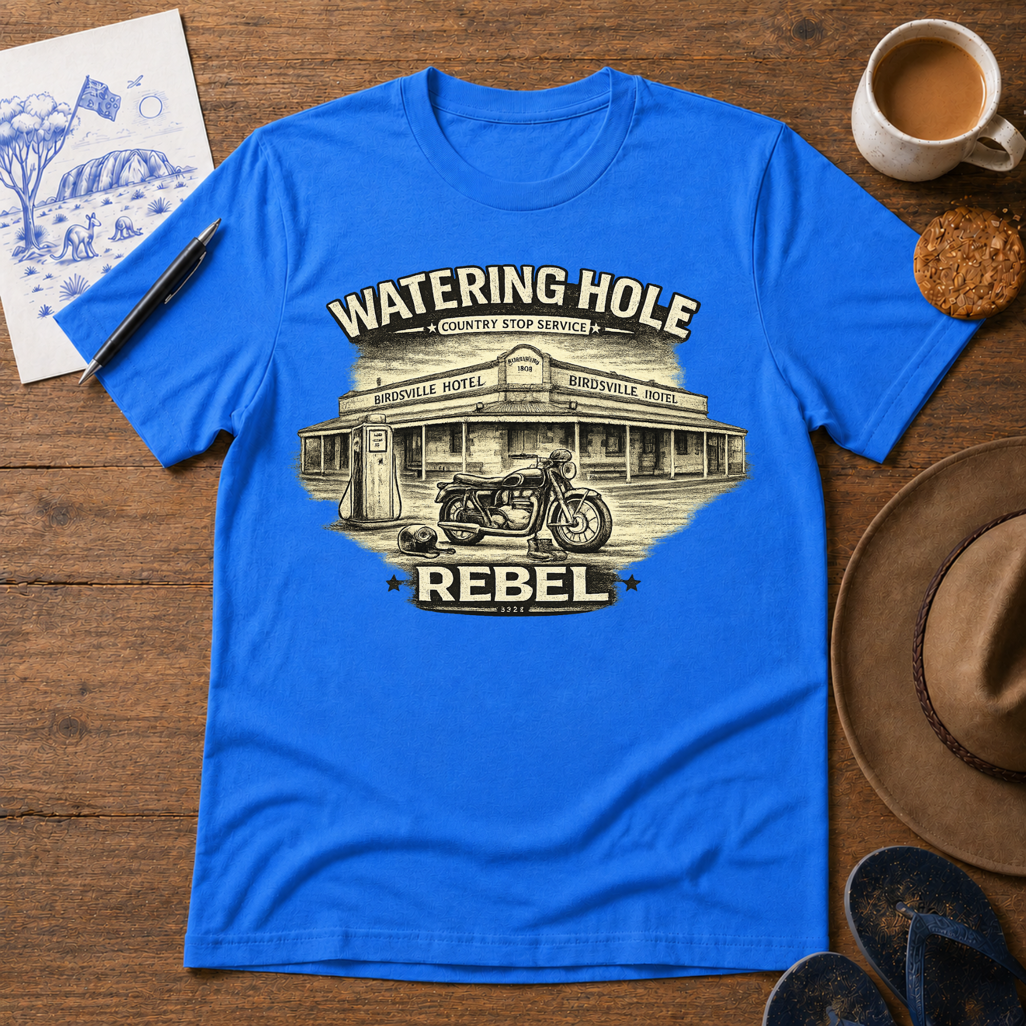 Watering Hole Tee in royal blue – Australian outback graphic T-shirt