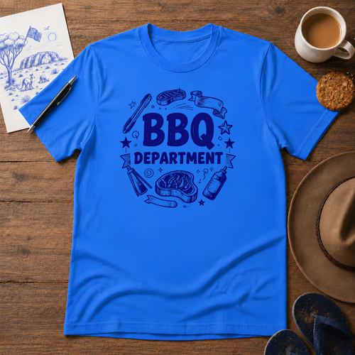 BBQ Department Tee ink-sketch T-shirt, in Heather Royal