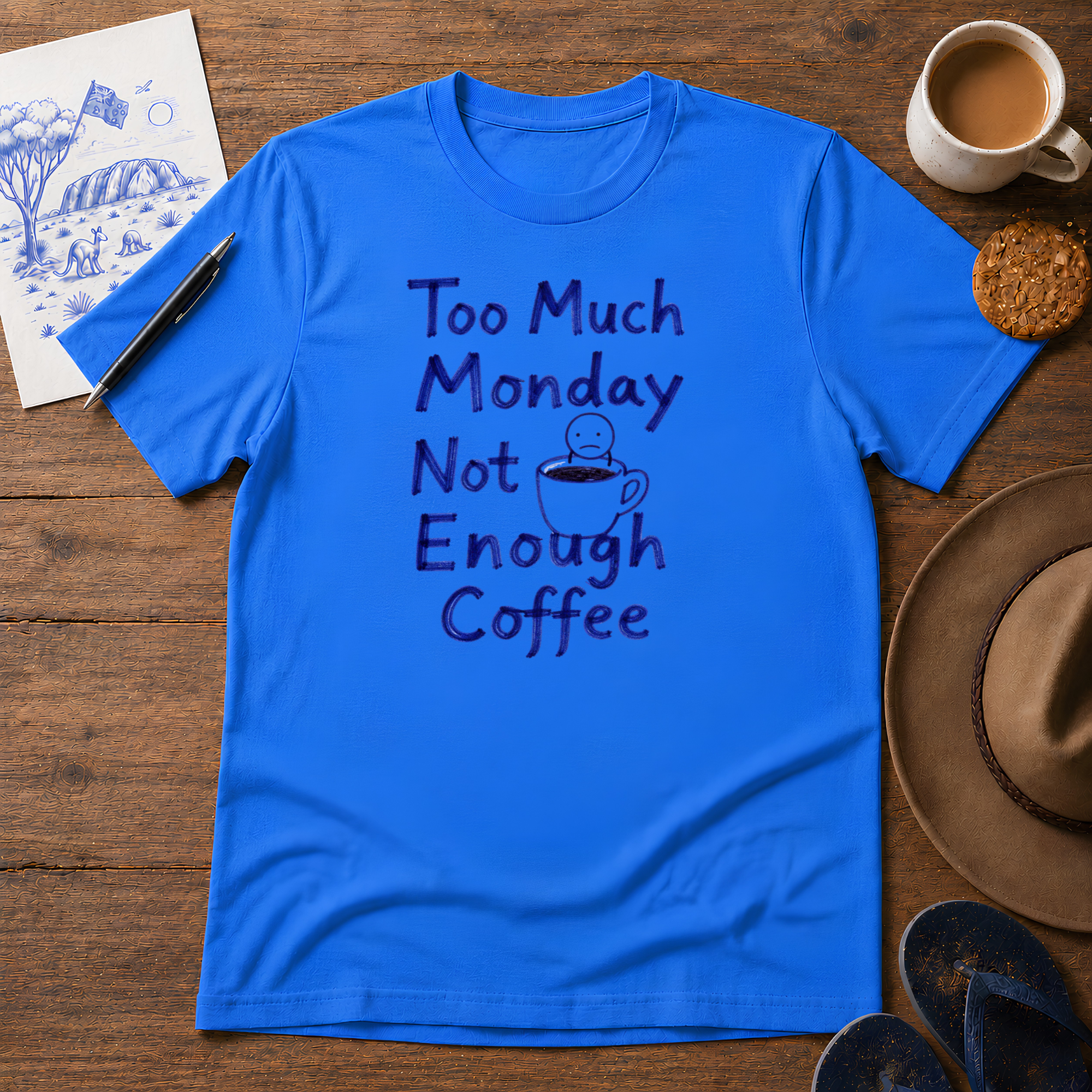 Too Much Monday Tee ink-sketch T-shirt, in Heather Royal