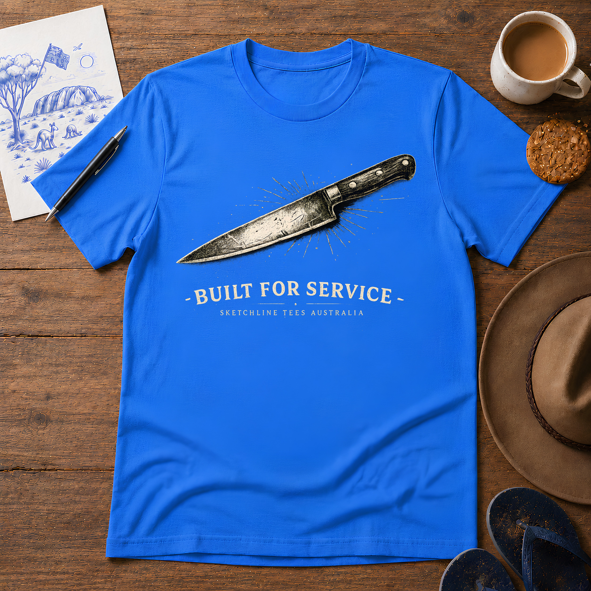 Built for Service Australian ink-sketch T-shirt in Heather Royal