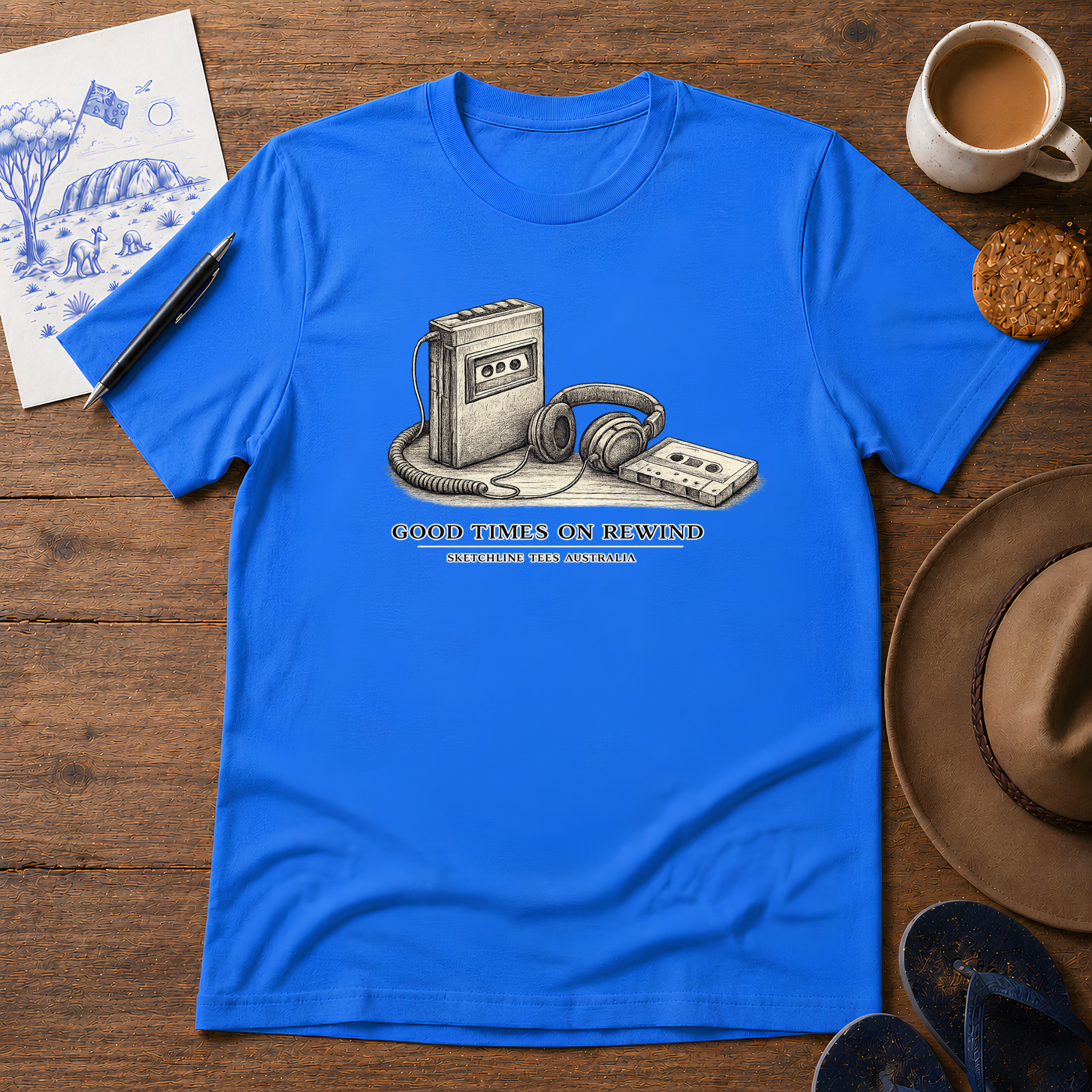 Good Times on Rewind retro ink-sketch T-shirt in Heather Royal