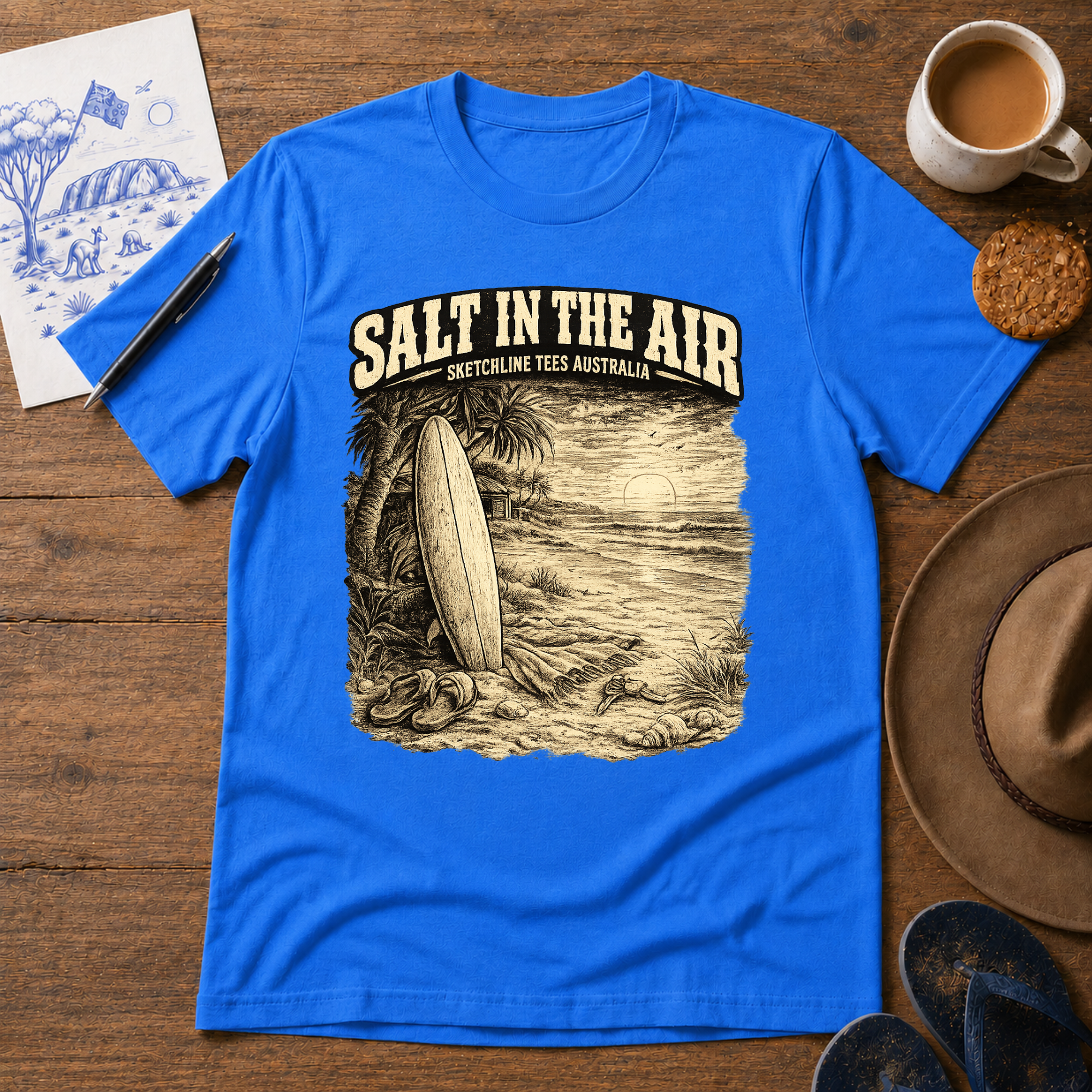 Salt in the Air Tee in royal blue – Australian coastal graphic T-shirt