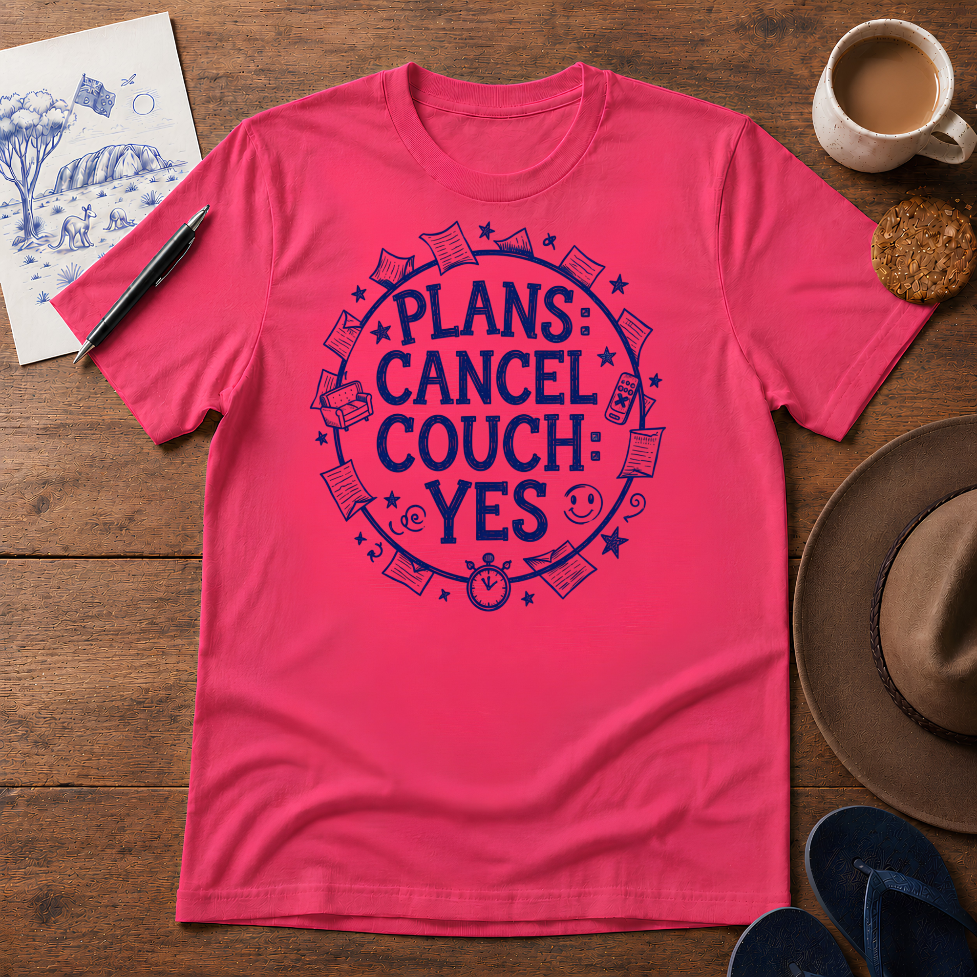 Plans Cancelled, Couch Approved Tee ink-sketch T-shirt, in Heliconia