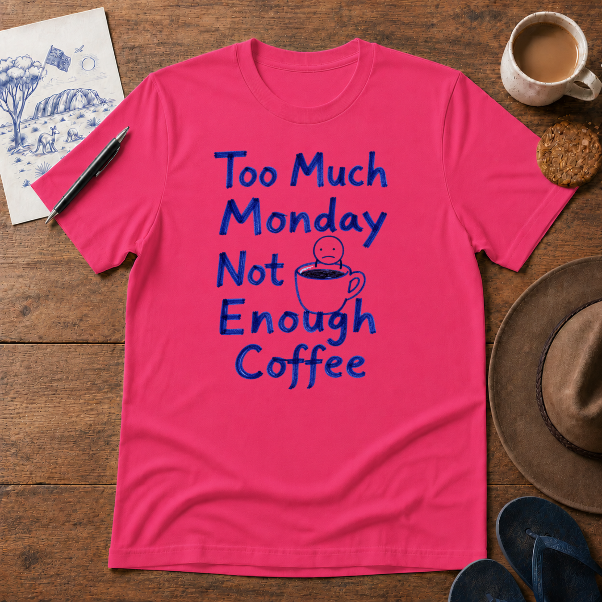 Too Much Monday Tee ink-sketch T-shirt, in Heliconia