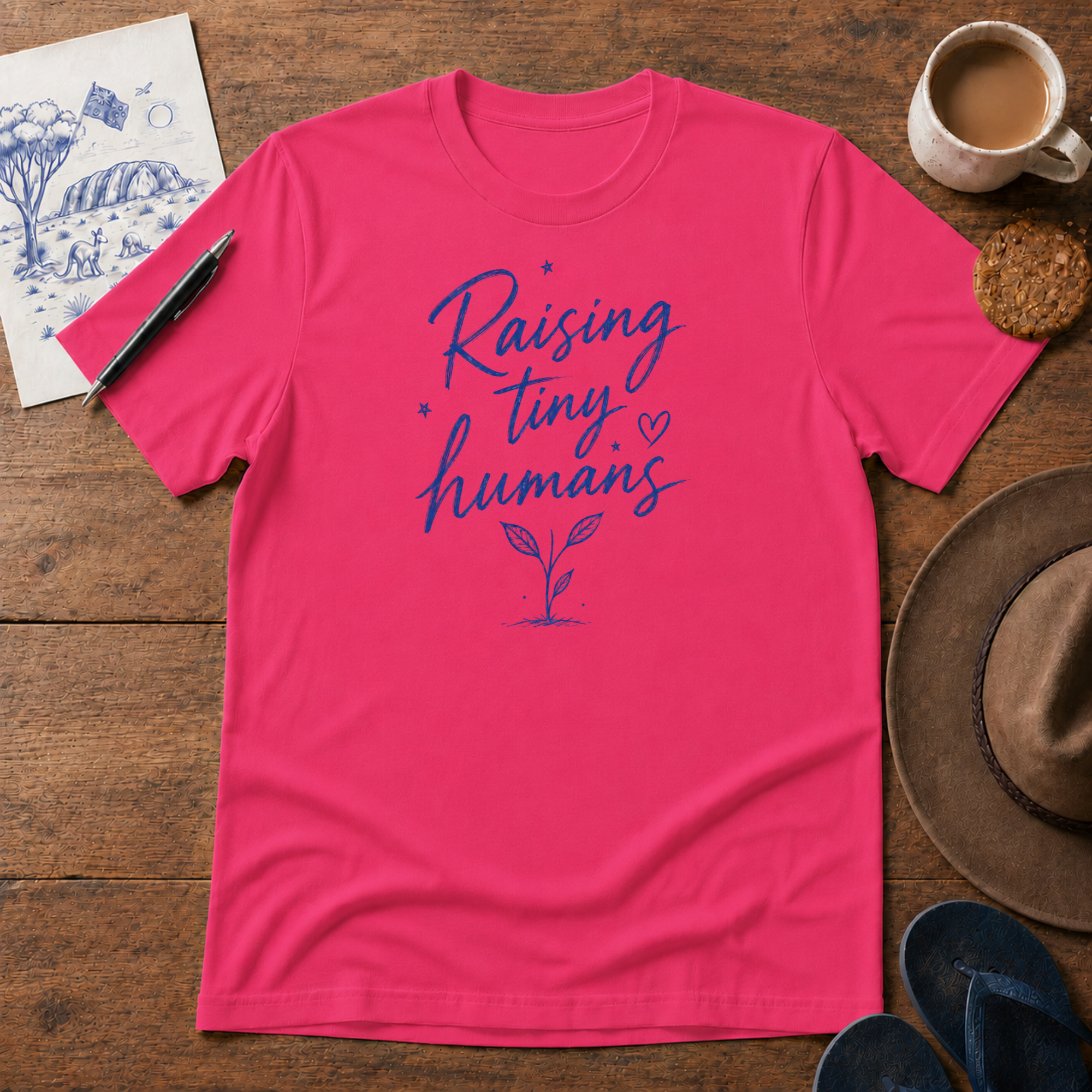 Raising Tiny Humans Tee ink-sketch T-shirt, in Heliconia