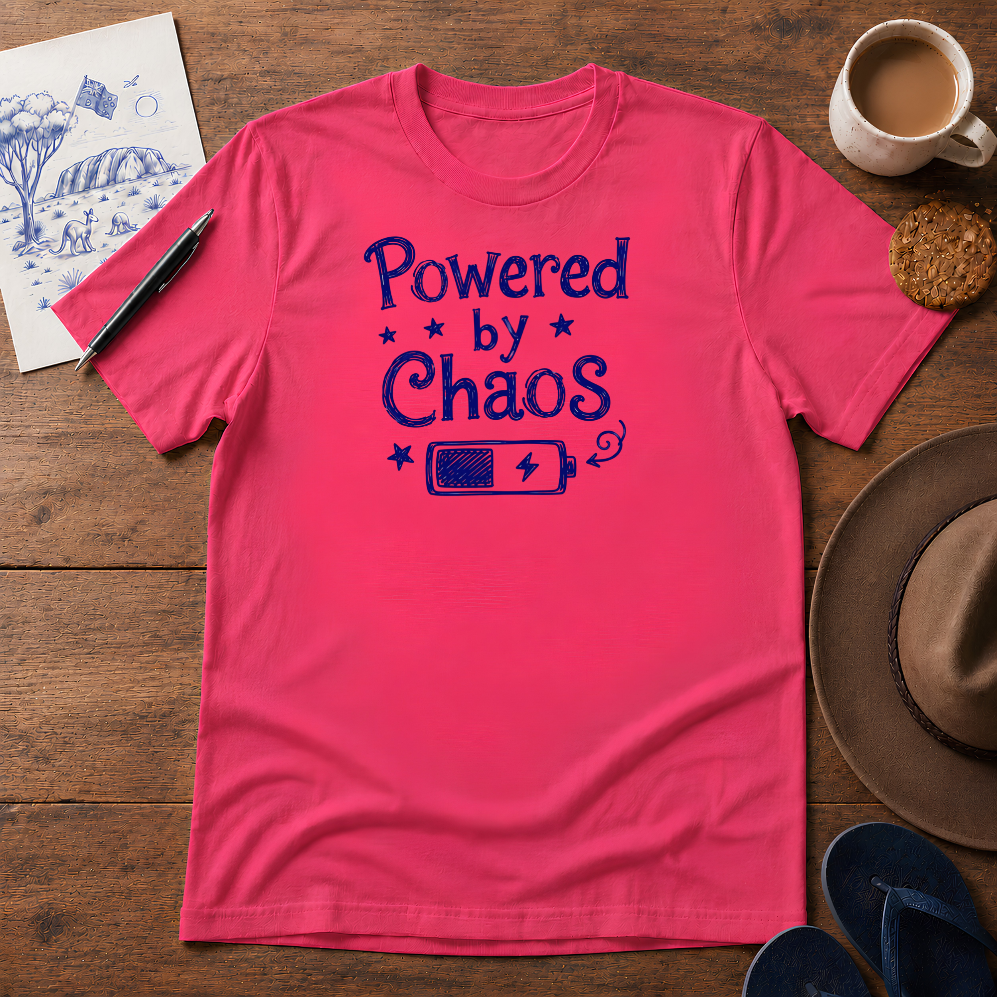 Powered by Chaos Tee ink-sketch T-shirt, in Heliconia