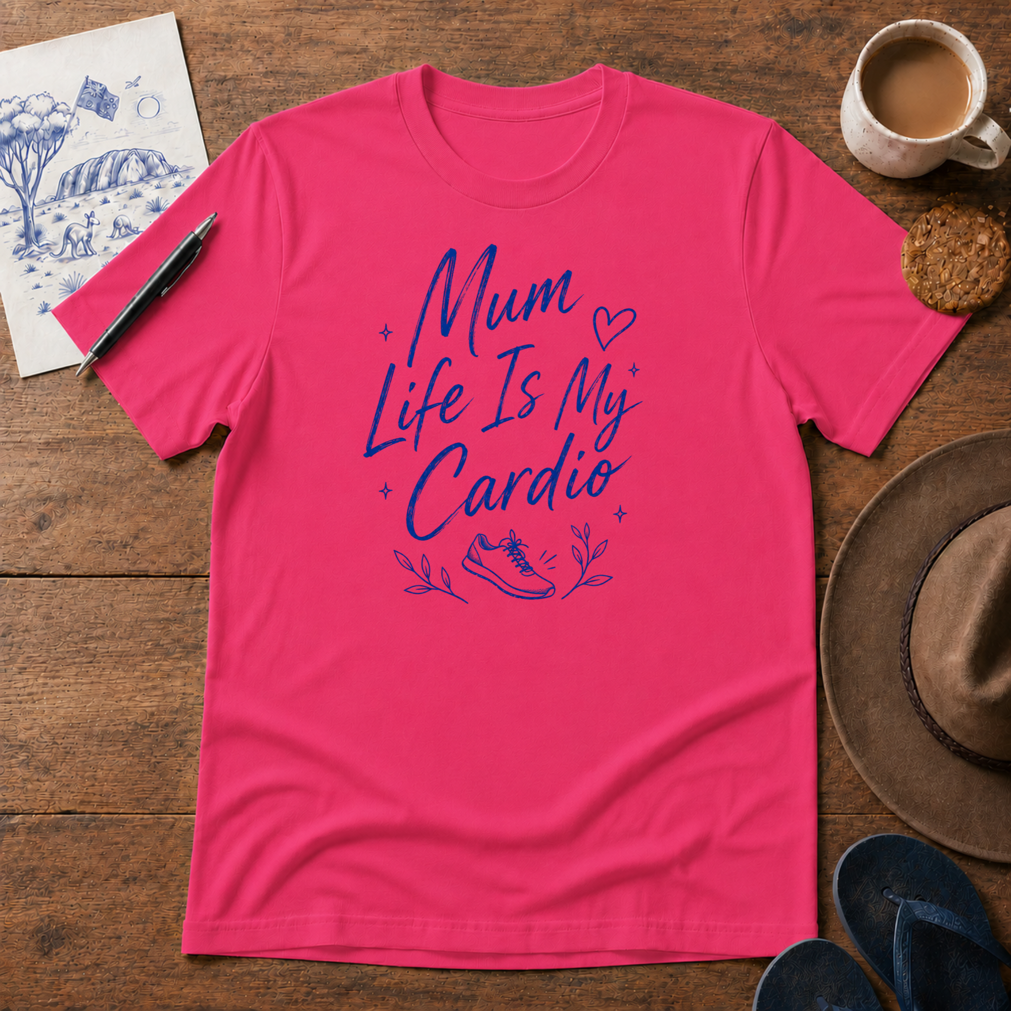 Mum Life Is My Cardio Tee ink-sketch T-shirt, in Heliconia