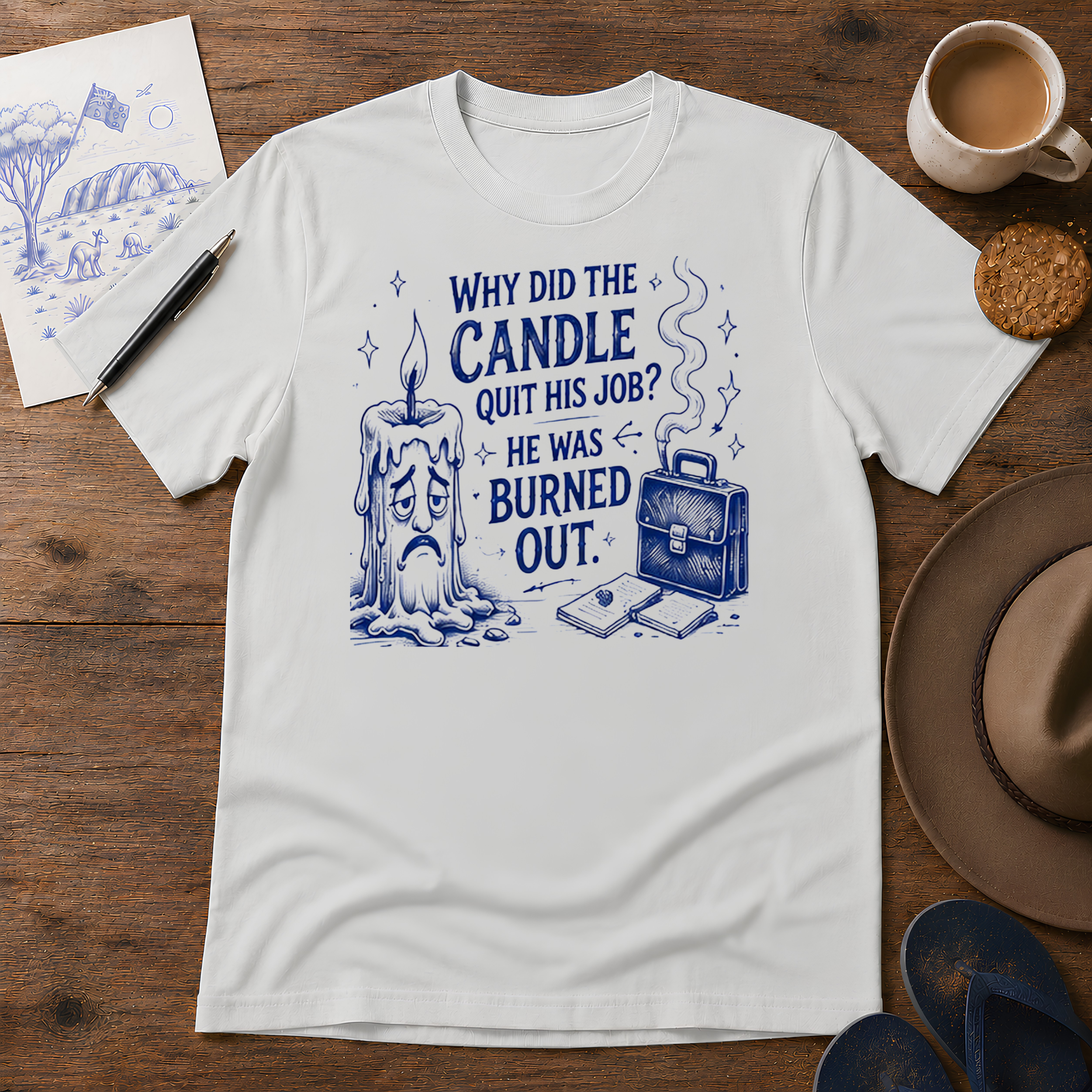 Why Did the Candle Quit His Job Tee ink-sketch T-shirt, in Ice Grey