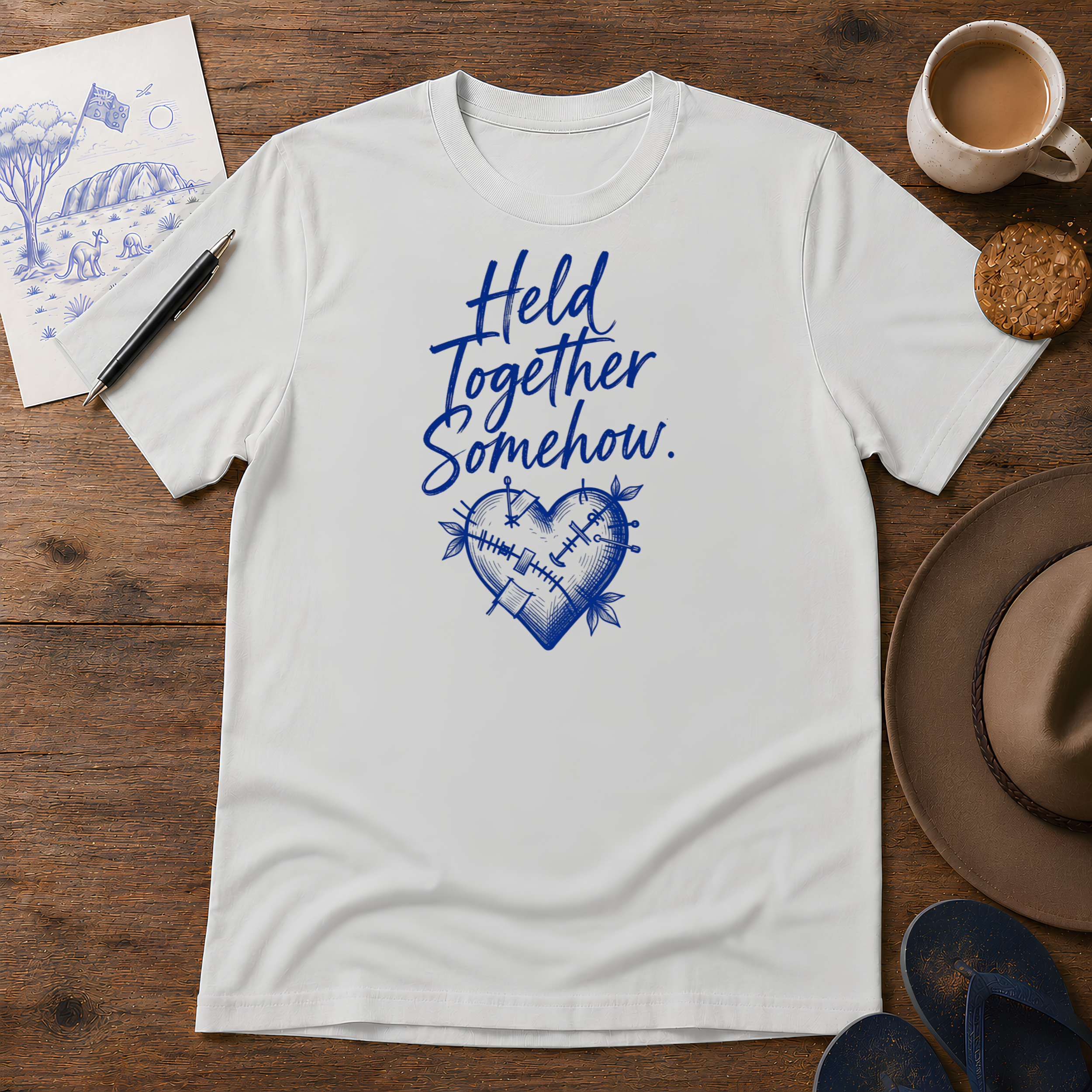 Held Together Somehow Tee ink-sketch T-shirt, in Ice Grey
