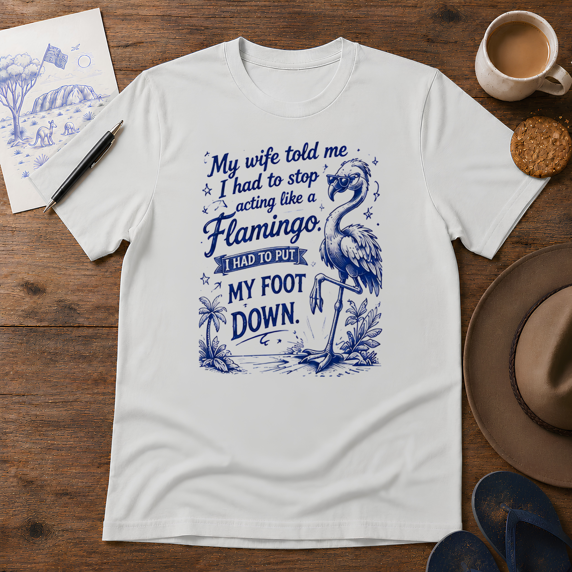 Flamingo Foot Down Tee ink-sketch T-shirt, in Ice Grey