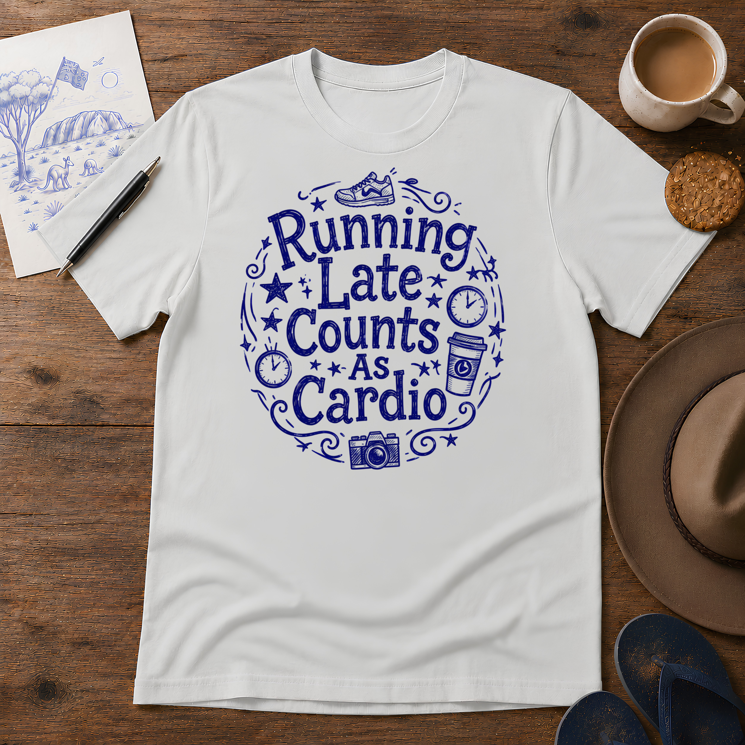 Running Late Counts as Cardio Tee ink-sketch T-shirt, in Ice Grey