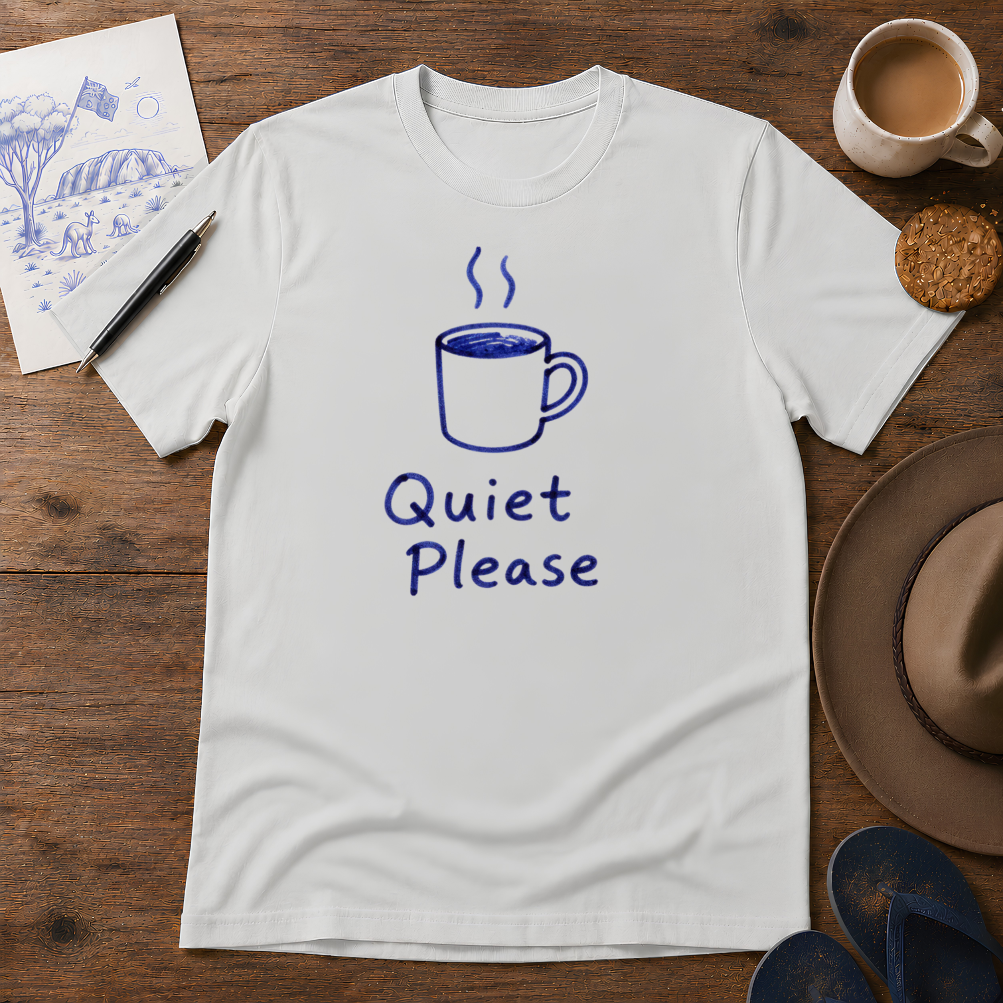 Quiet Please Tee ink-sketch T-shirt, in Ice Grey