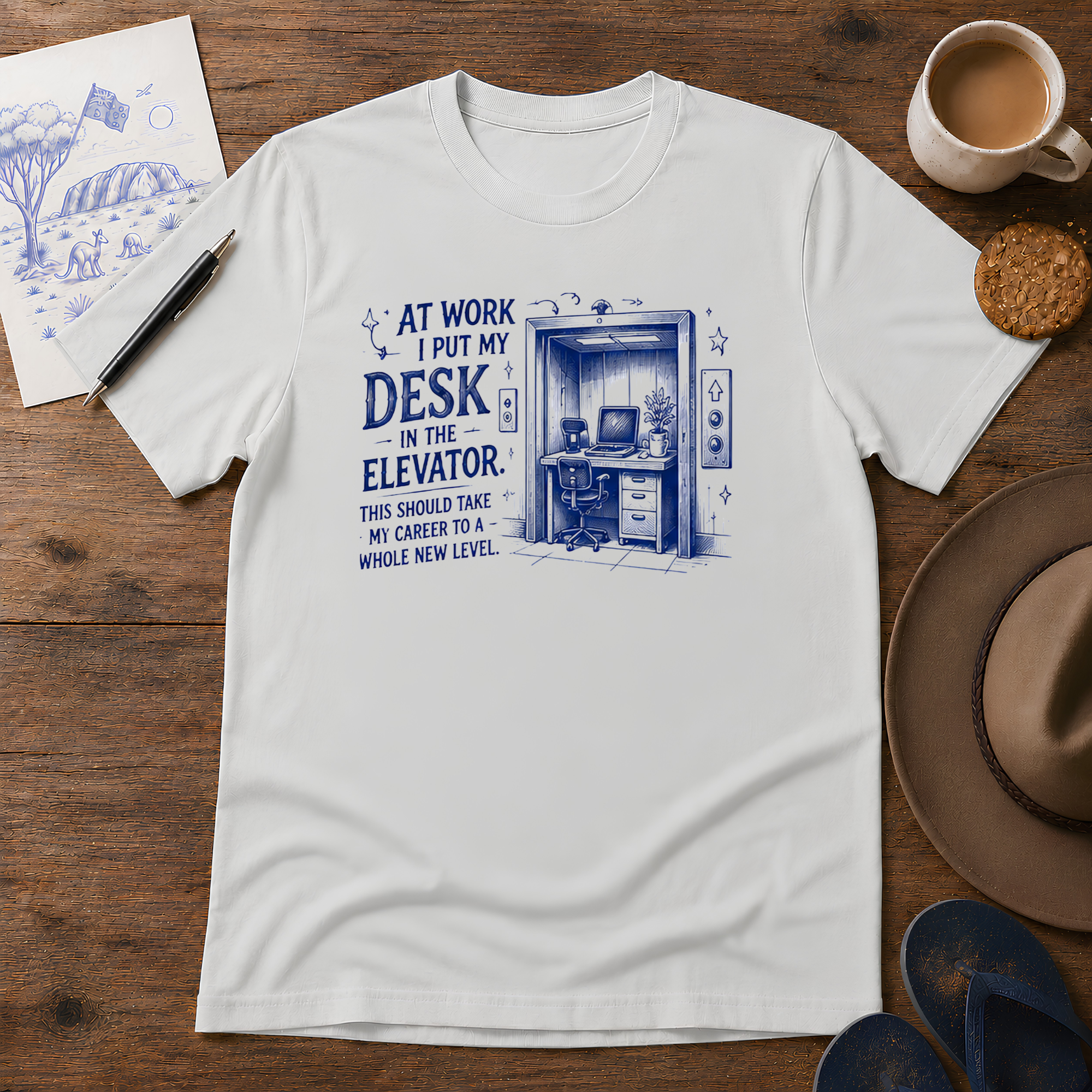 Desk in the Elevator Tee ink-sketch T-shirt, in Ice Grey