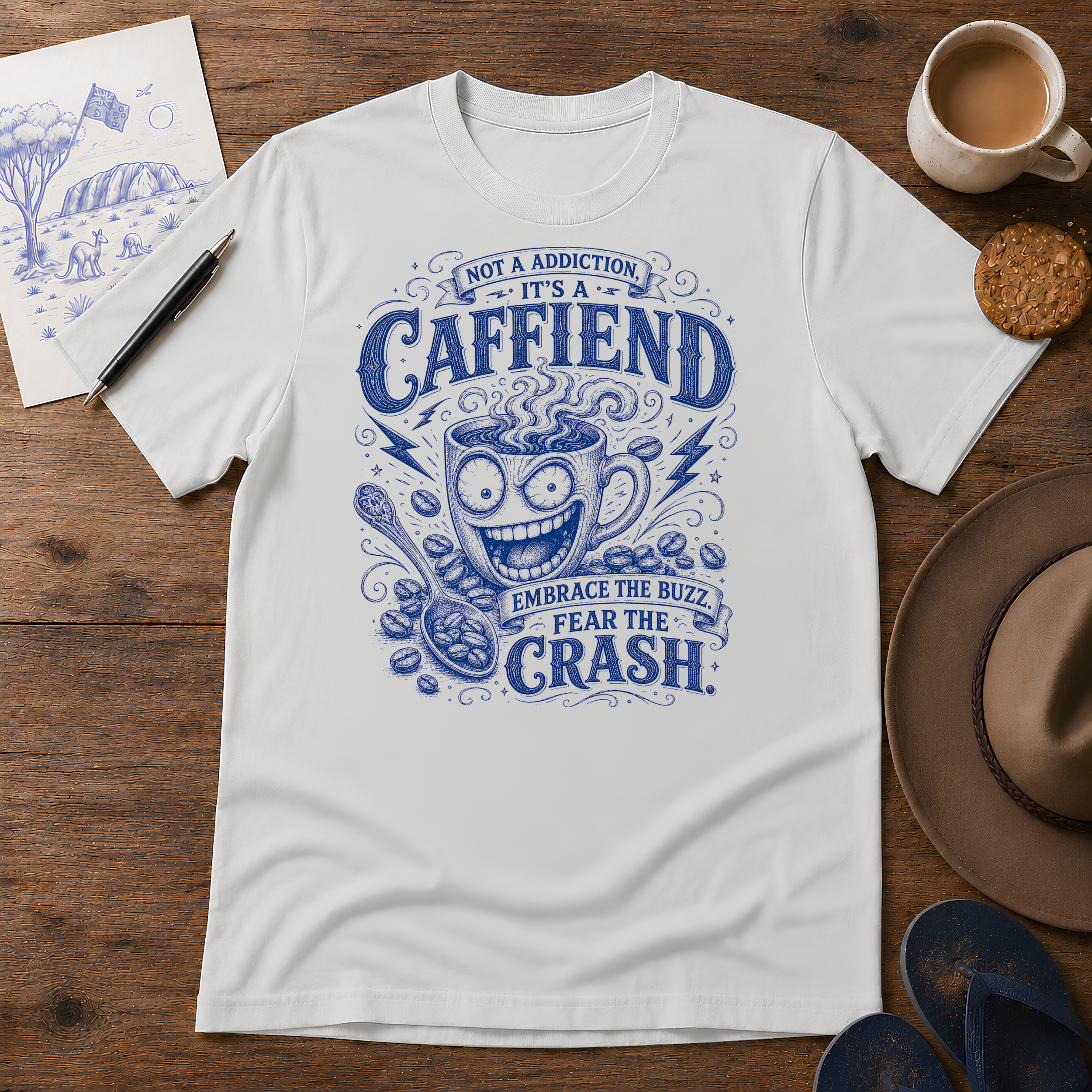Caffiend Tee ink-sketch T-shirt, in Ice Grey