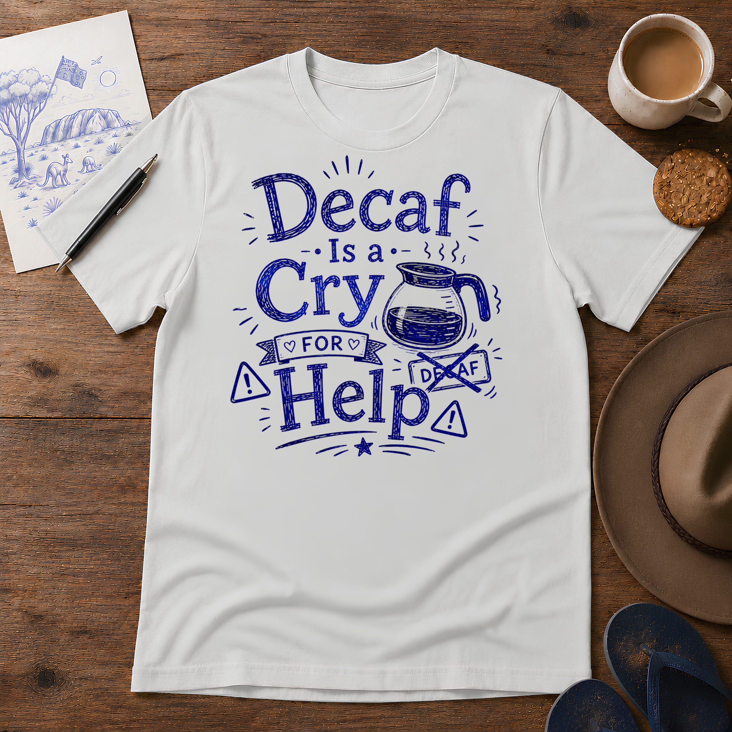 Decaf Is a Cry for Help Tee ink-sketch T-shirt, in Ice Grey