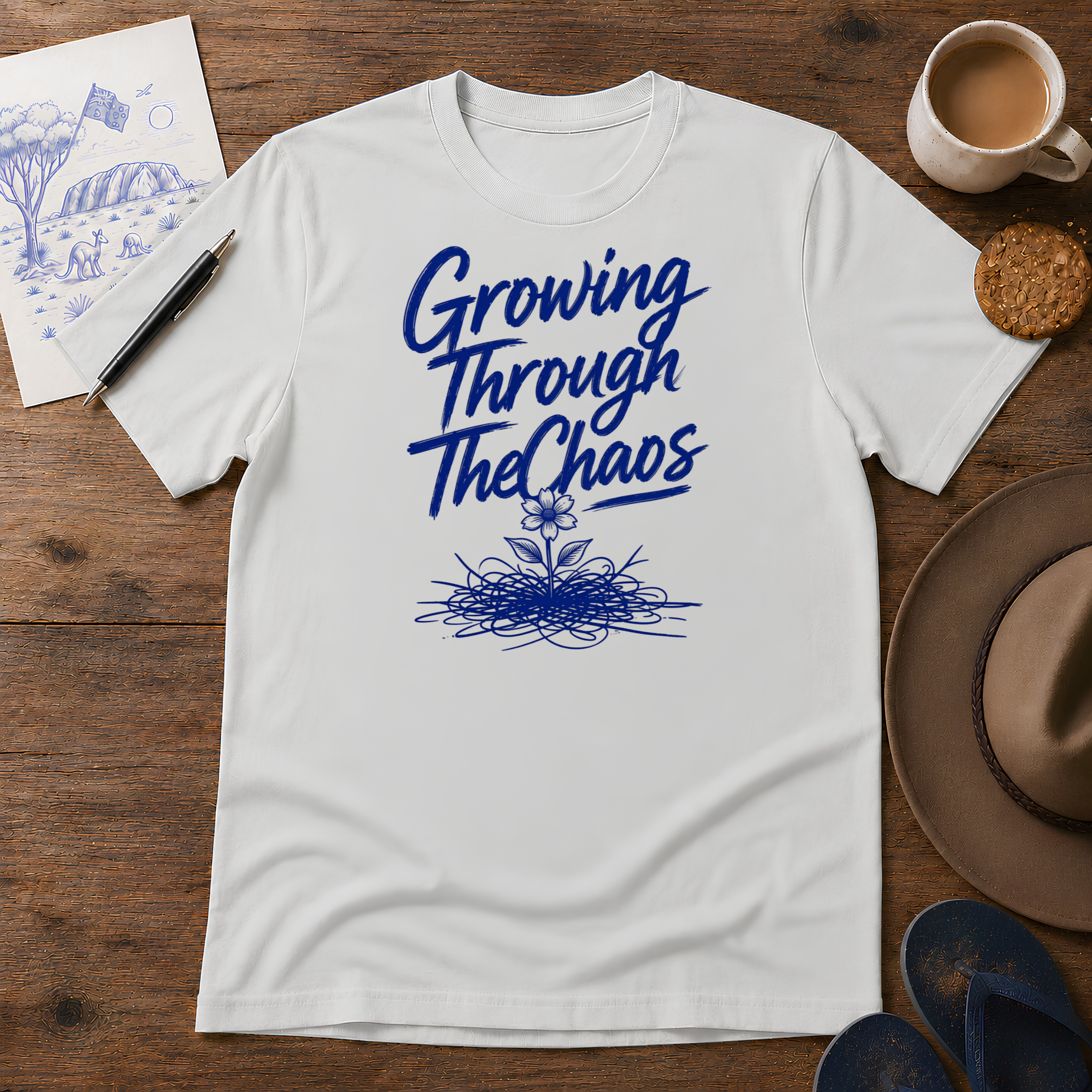 Growing Through the Chaos Tee ink-sketch T-shirt, in Ice Grey