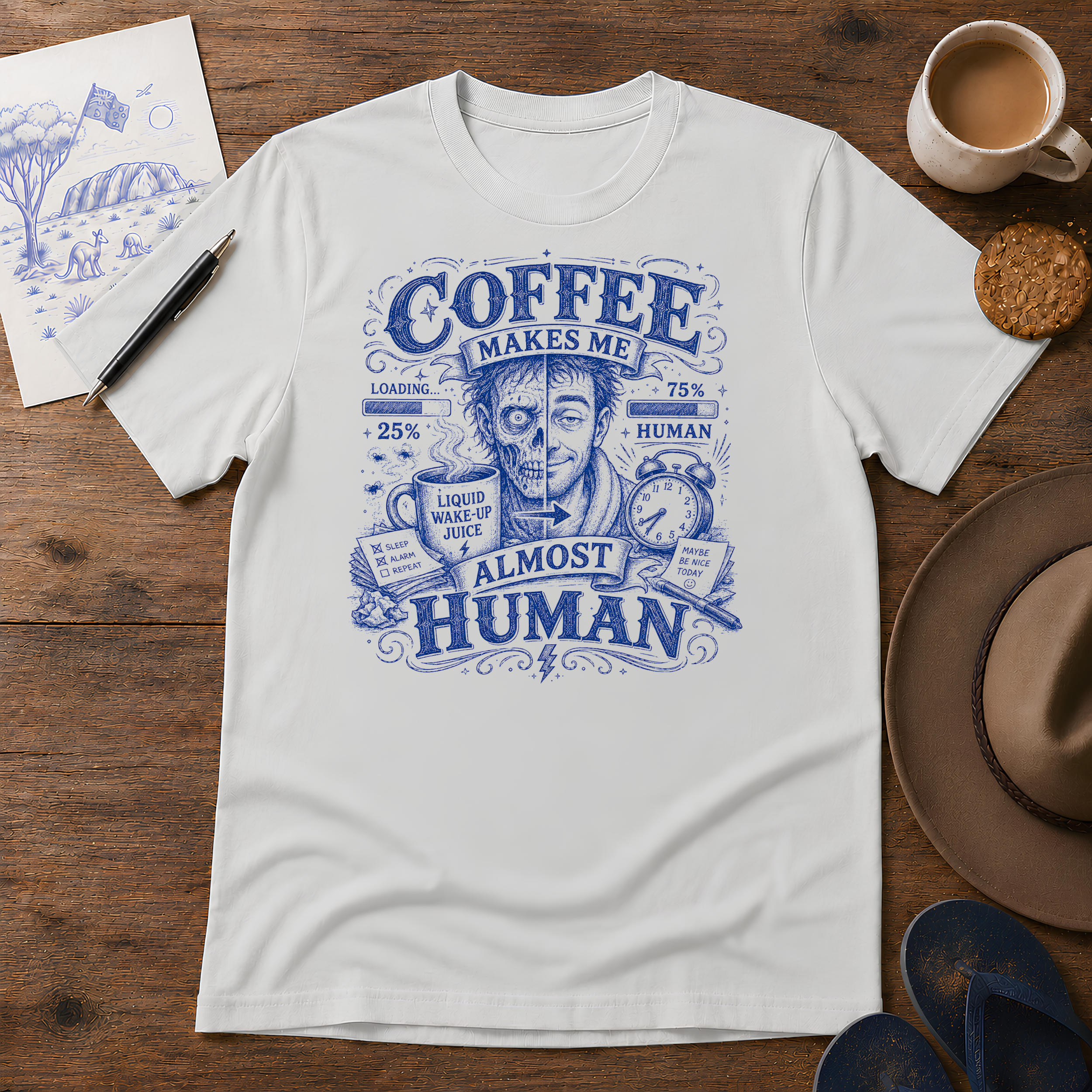 Coffee Makes Me Almost Human Tee ink-sketch T-shirt, in Ice Grey