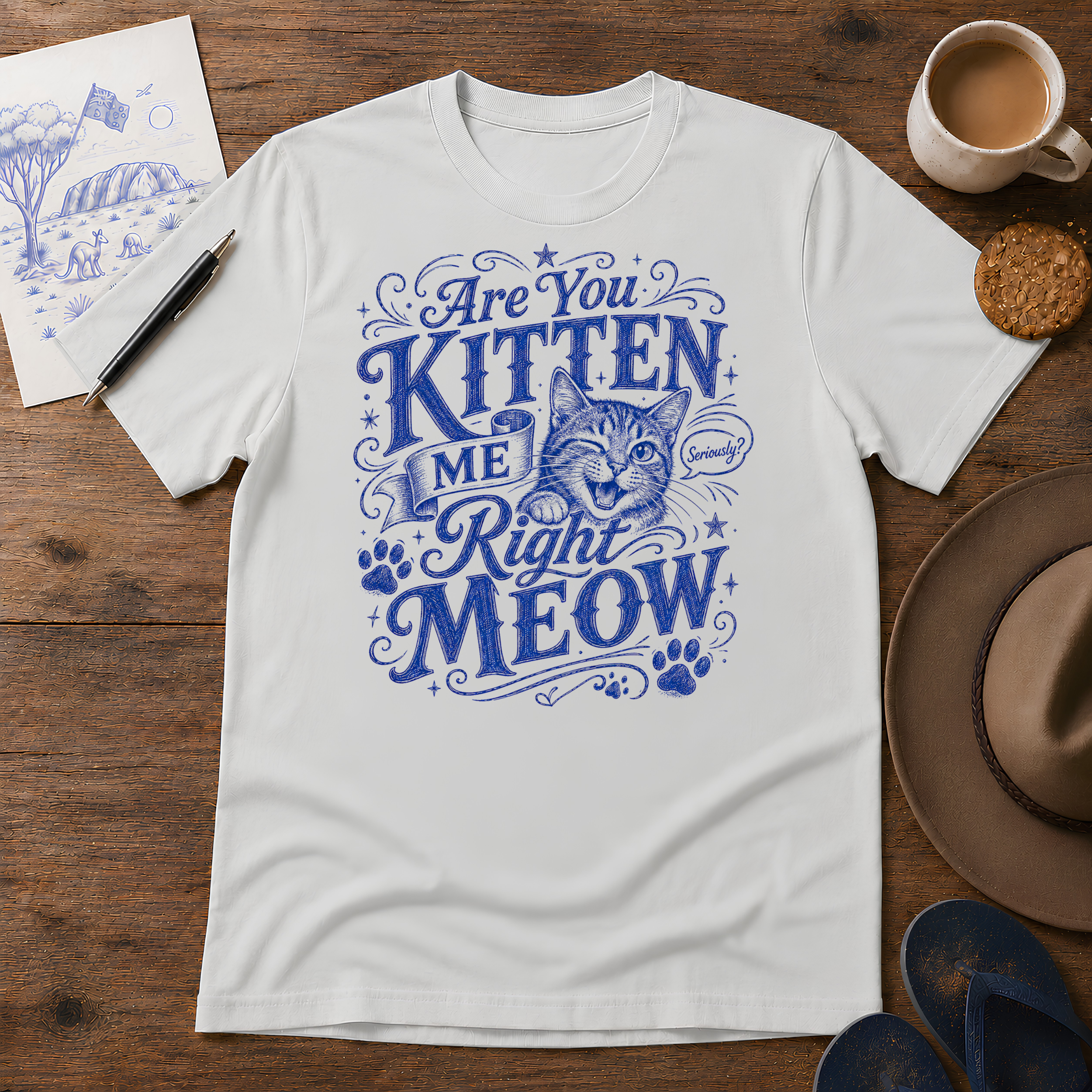 Are You Kitten Me Right Meow Tee ink-sketch T-shirt, in Ice Grey