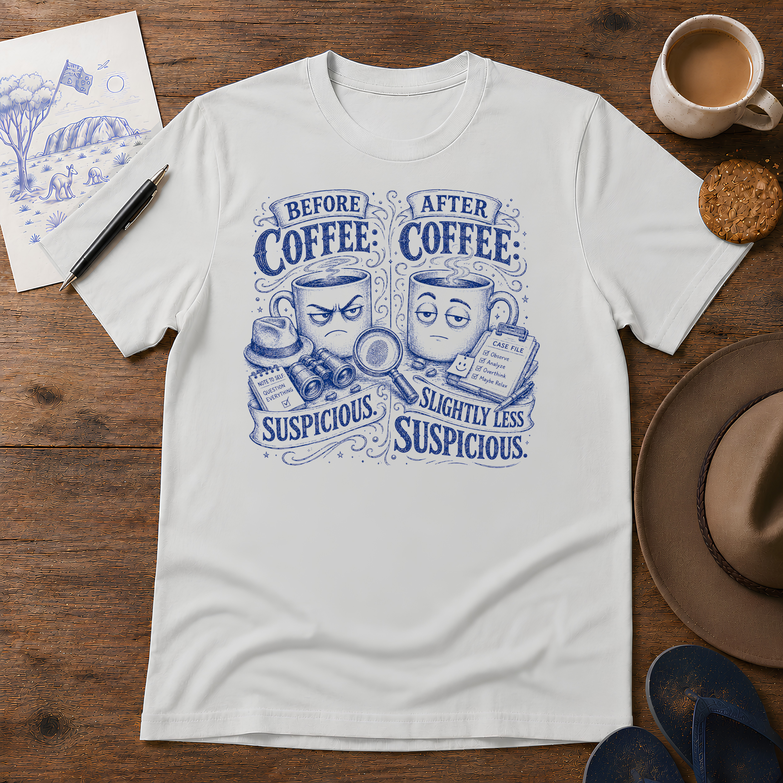 Before Coffee, After Coffee Tee ink-sketch T-shirt, in Ice Grey