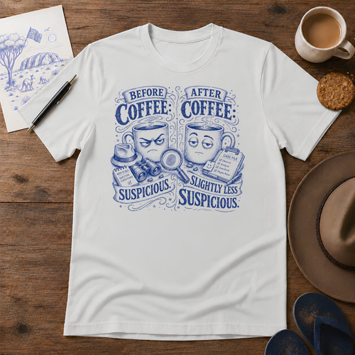 Before Coffee, After Coffee Tee ink-sketch T-shirt, in Ice Grey
