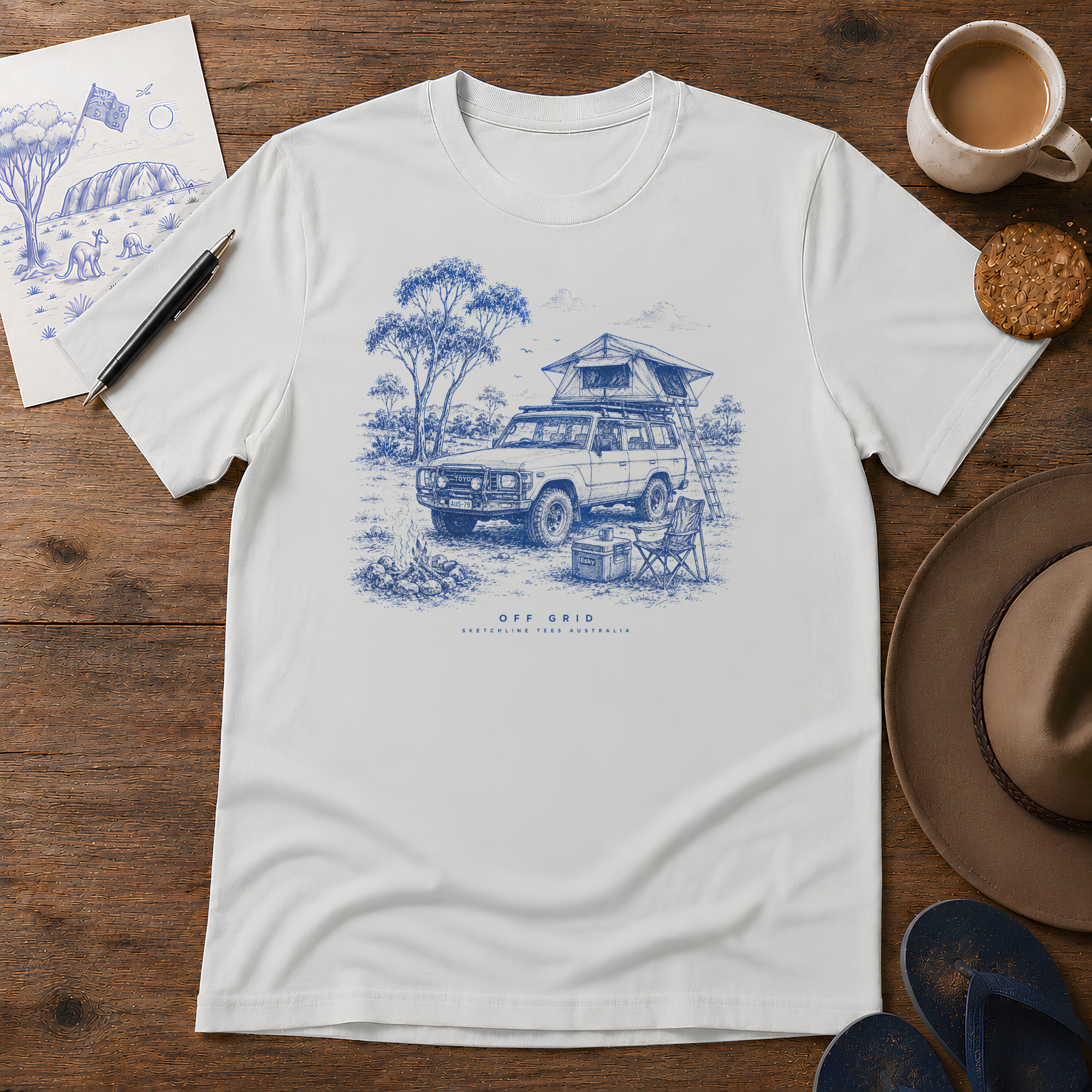 Off Grid ink-sketch T-shirt, in Ice Grey