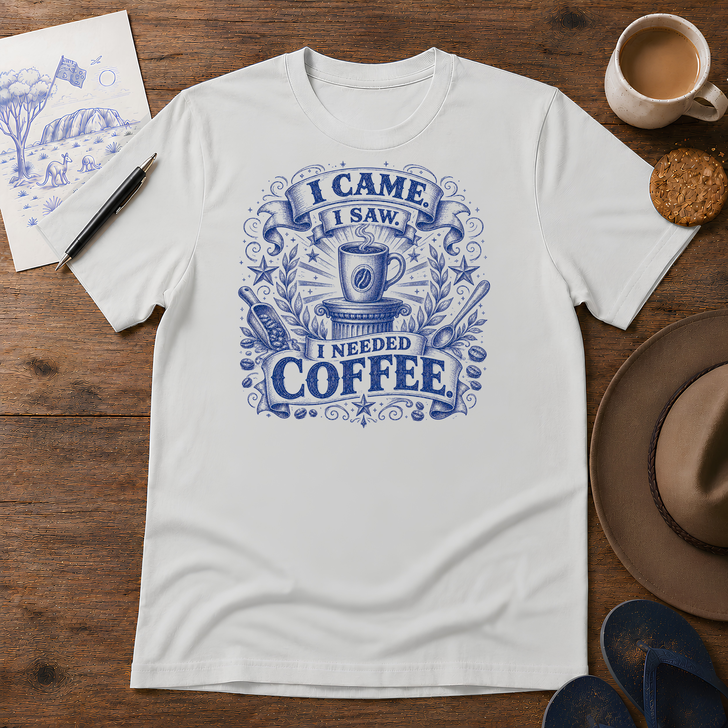 I Came, I Saw, I Needed Coffee Tee ink-sketch T-shirt, in Ice Grey