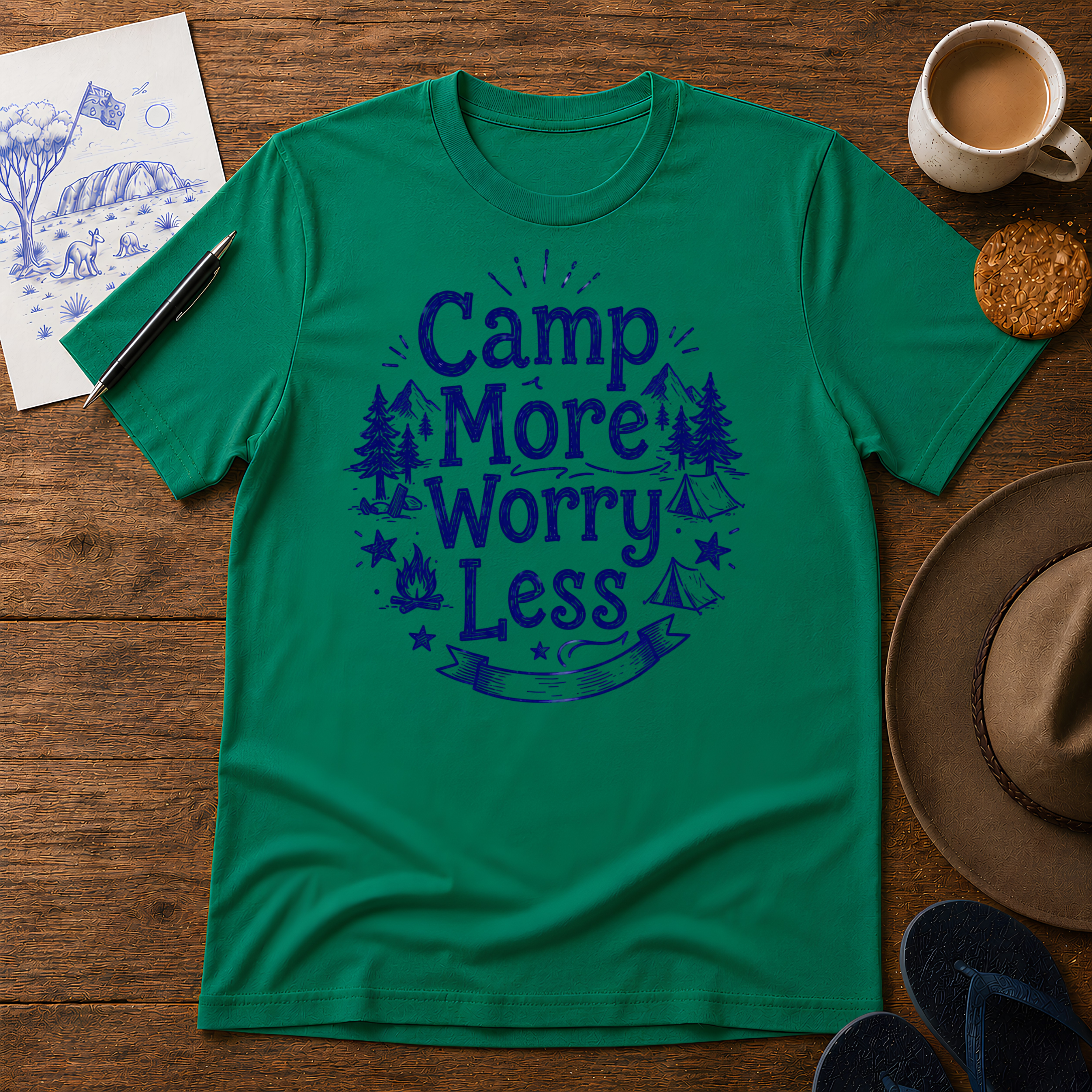 Camp More, Worry Less Tee ink-sketch T-shirt, in Kelly Green