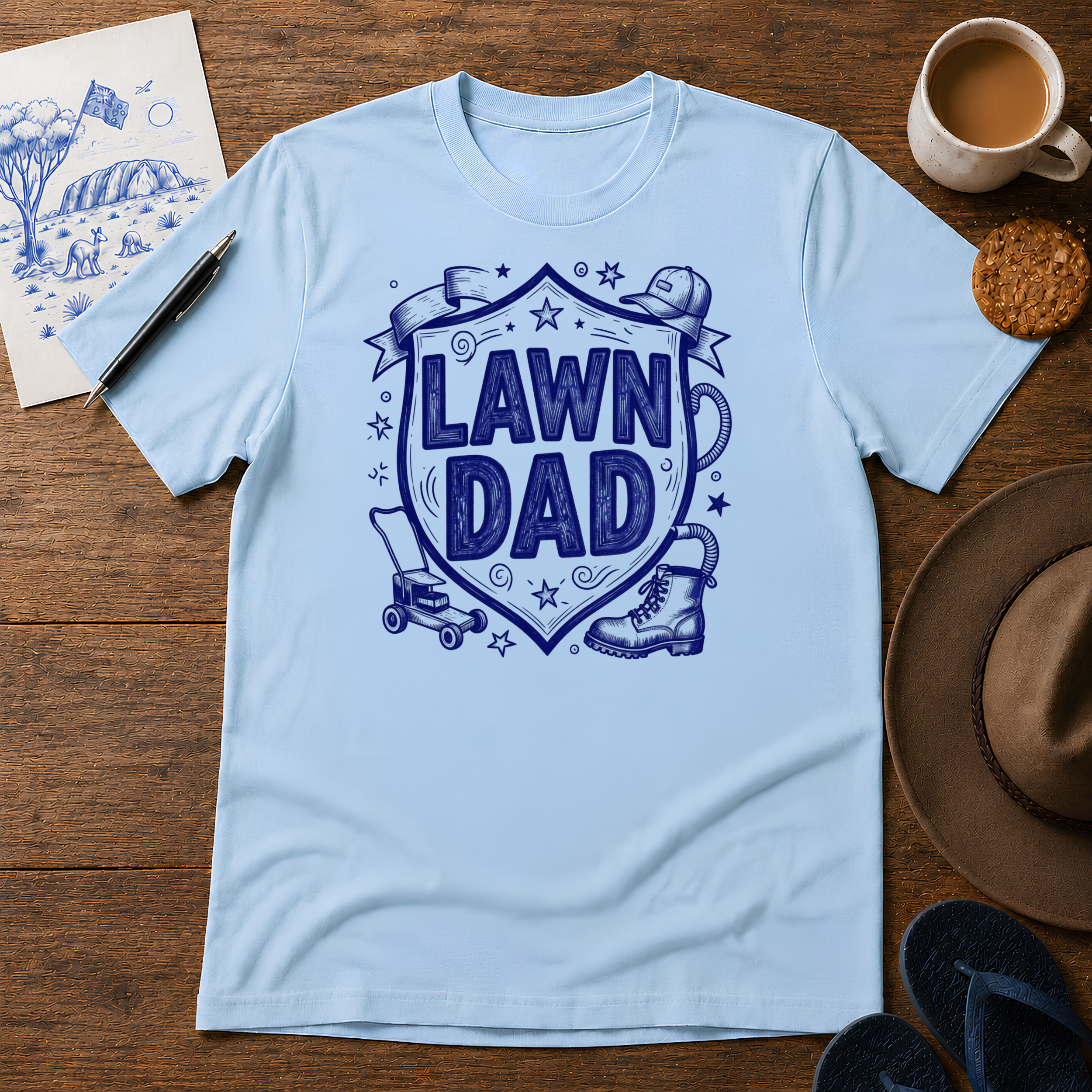 Lawn Dad Tee ink-sketch T-shirt, in Light Blue
