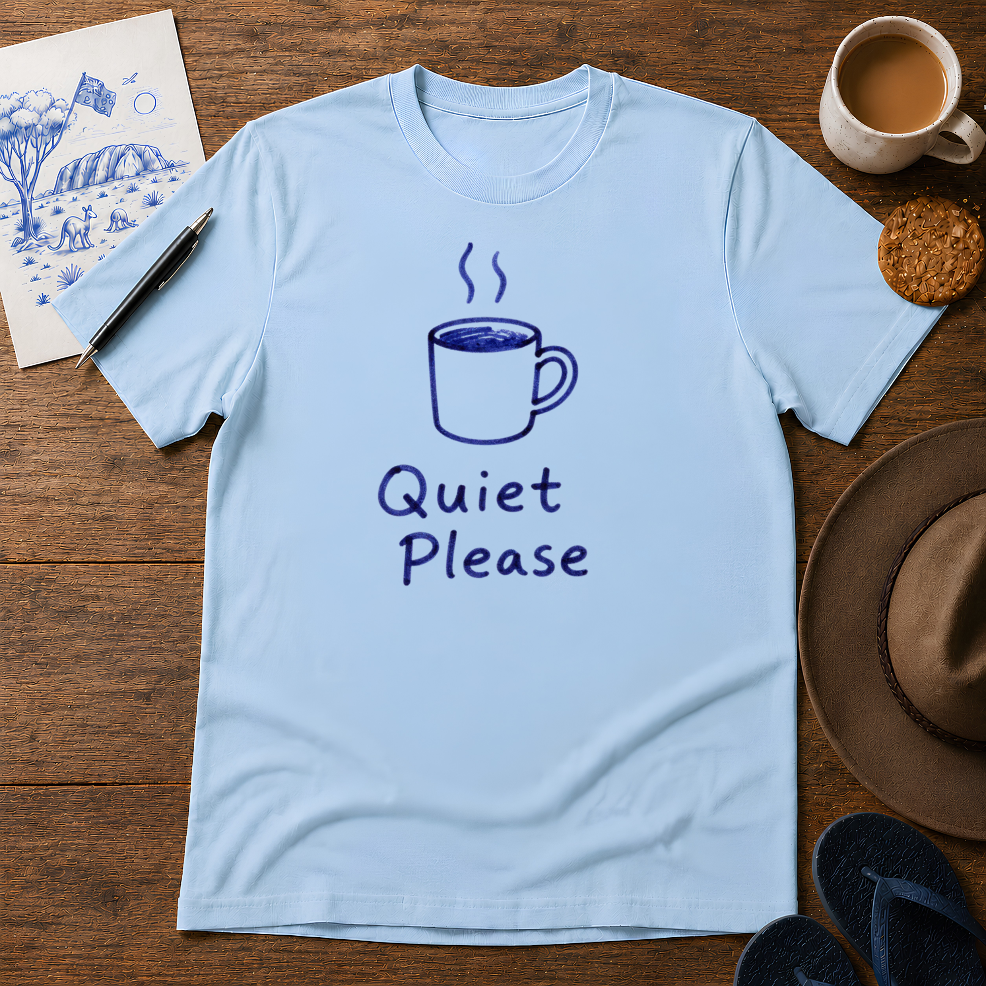 Quiet Please Tee ink-sketch T-shirt, in Light Blue