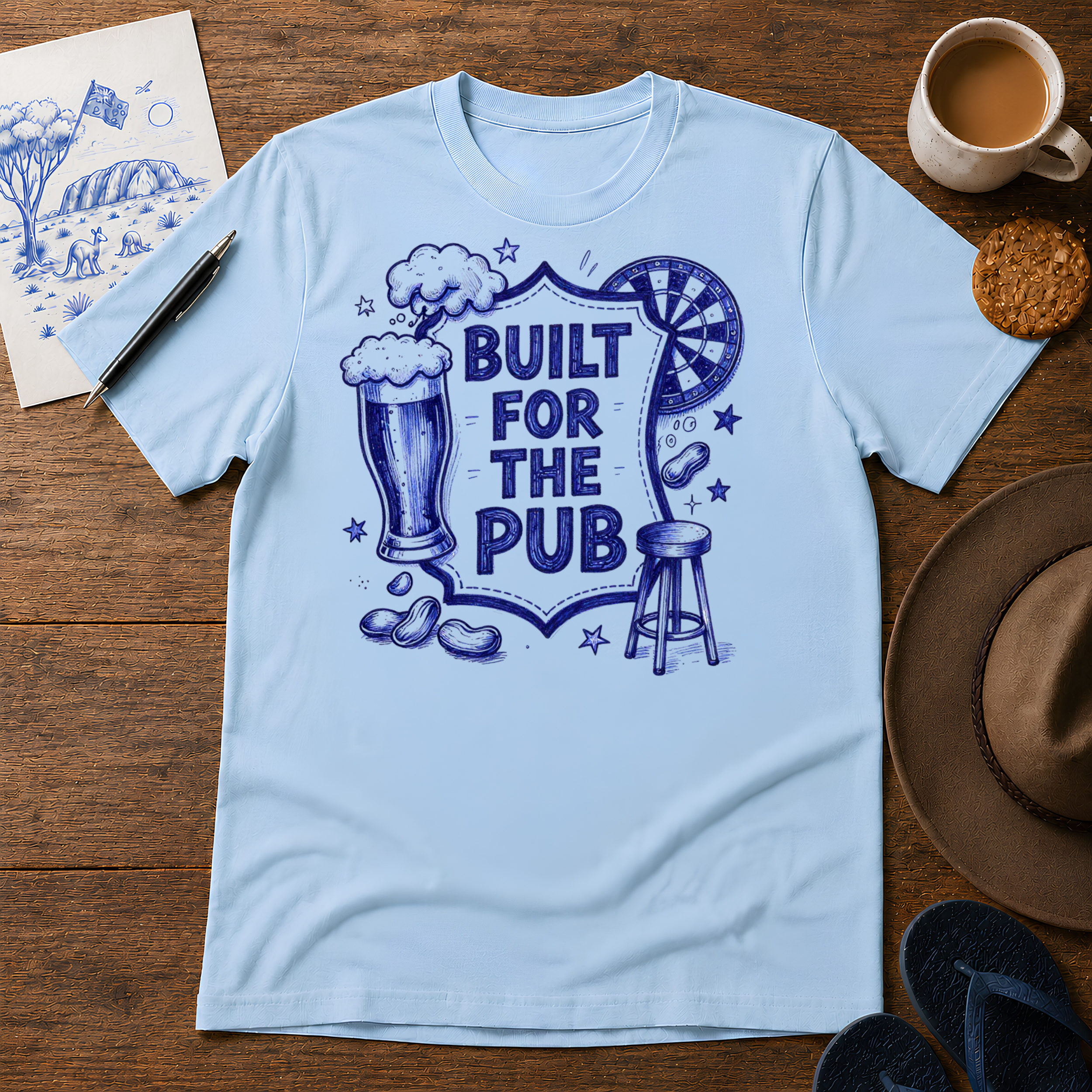 Built for the Pub Tee ink-sketch T-shirt, in Light Blue