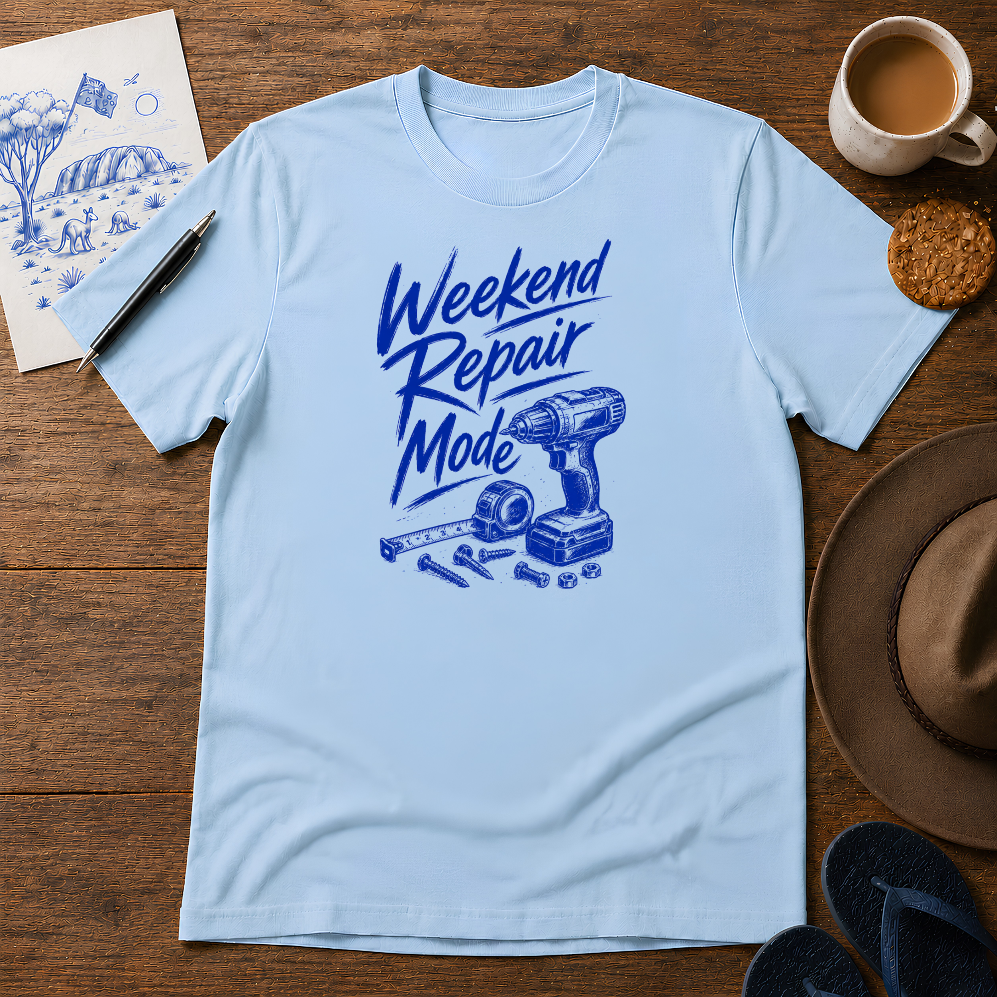 Weekend Repair Mode Tee ink-sketch T-shirt, in Light Blue