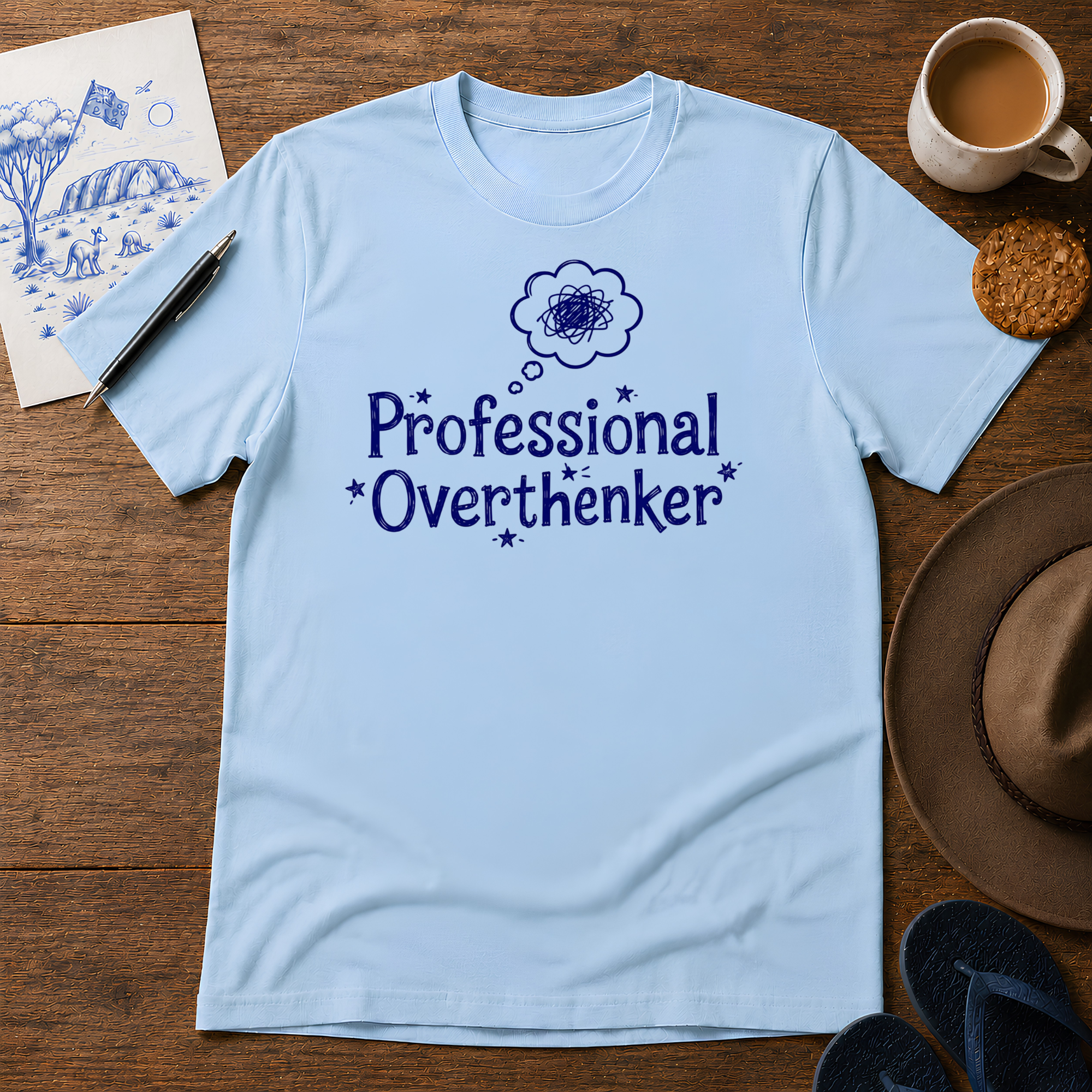 Professional Overthinker Tee ink-sketch T-shirt, in Light Blue