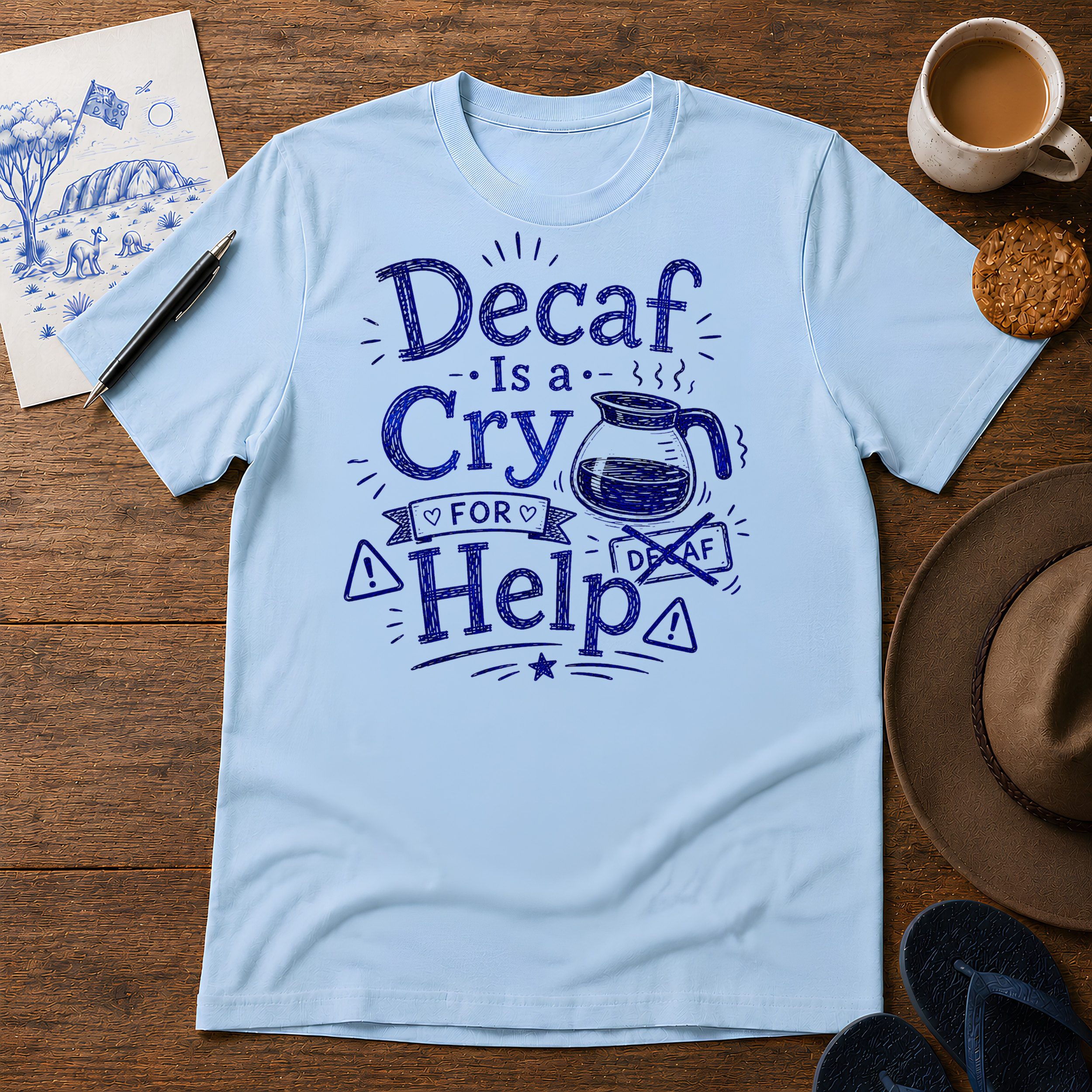 Decaf Is a Cry for Help Tee ink-sketch T-shirt, in Light Blue